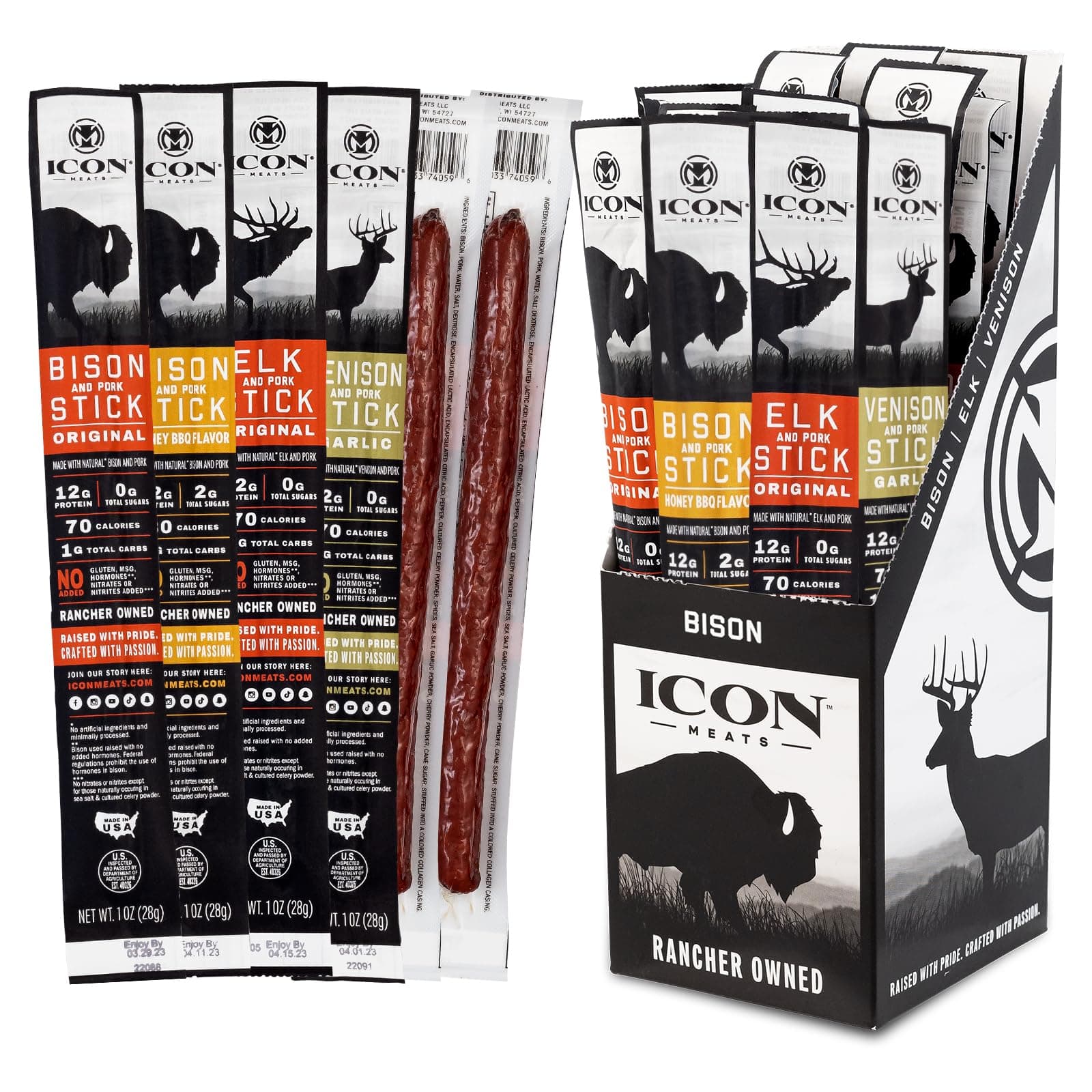 - Meats Snack Sticks Sampler, 24 Pack High Protein Snacks, Assorted Bison, Elk, Venison & Pork Individually Wrapped Meat Sticks 6 Per Flavor, Gluten Free, Low Sugar, Gifts for Him