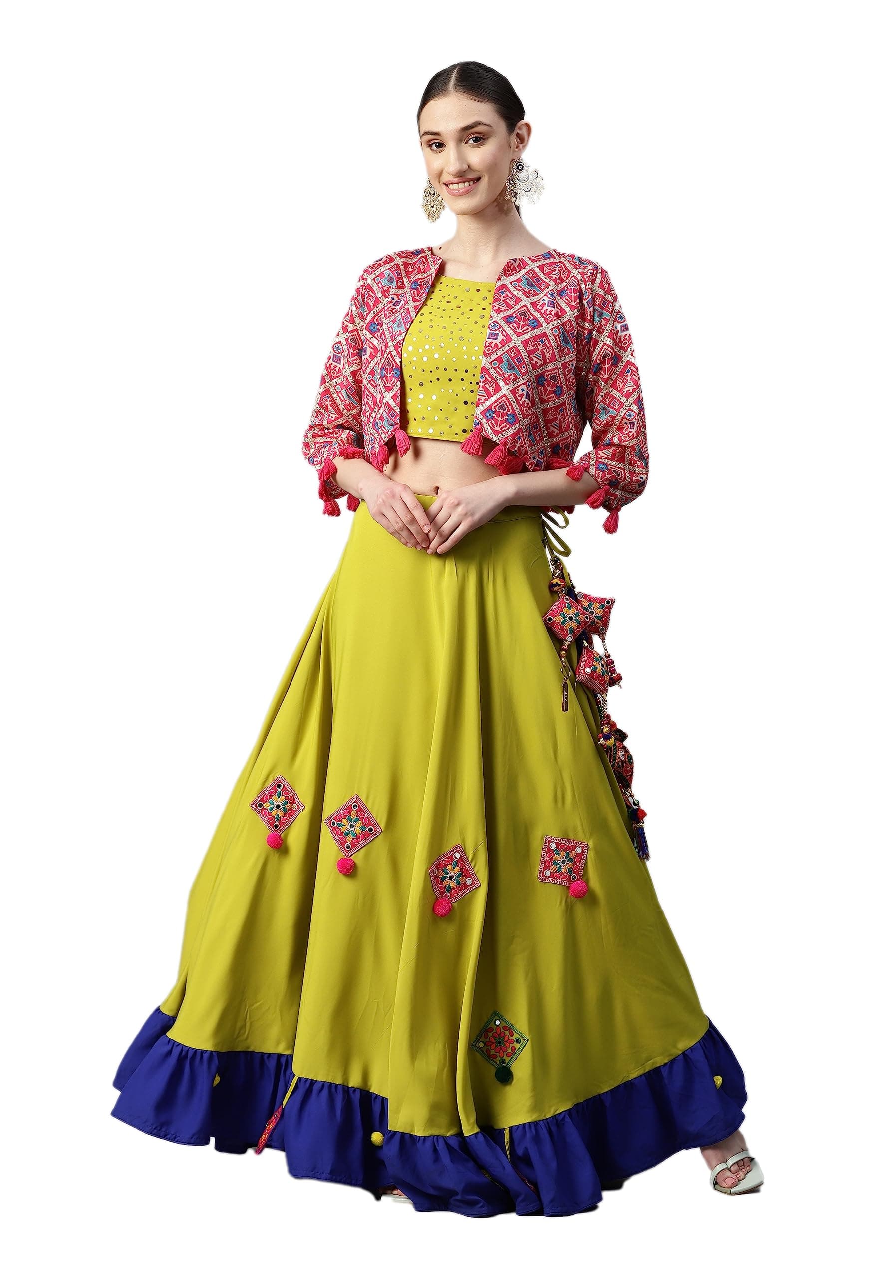 MizzificWomen's Maslin Cotton Embroidered Unstitched Lehenga Choli With Koti (2111M-Flourescent Green-Navratri-Garba-Tradational-Lehenga; Free Size)