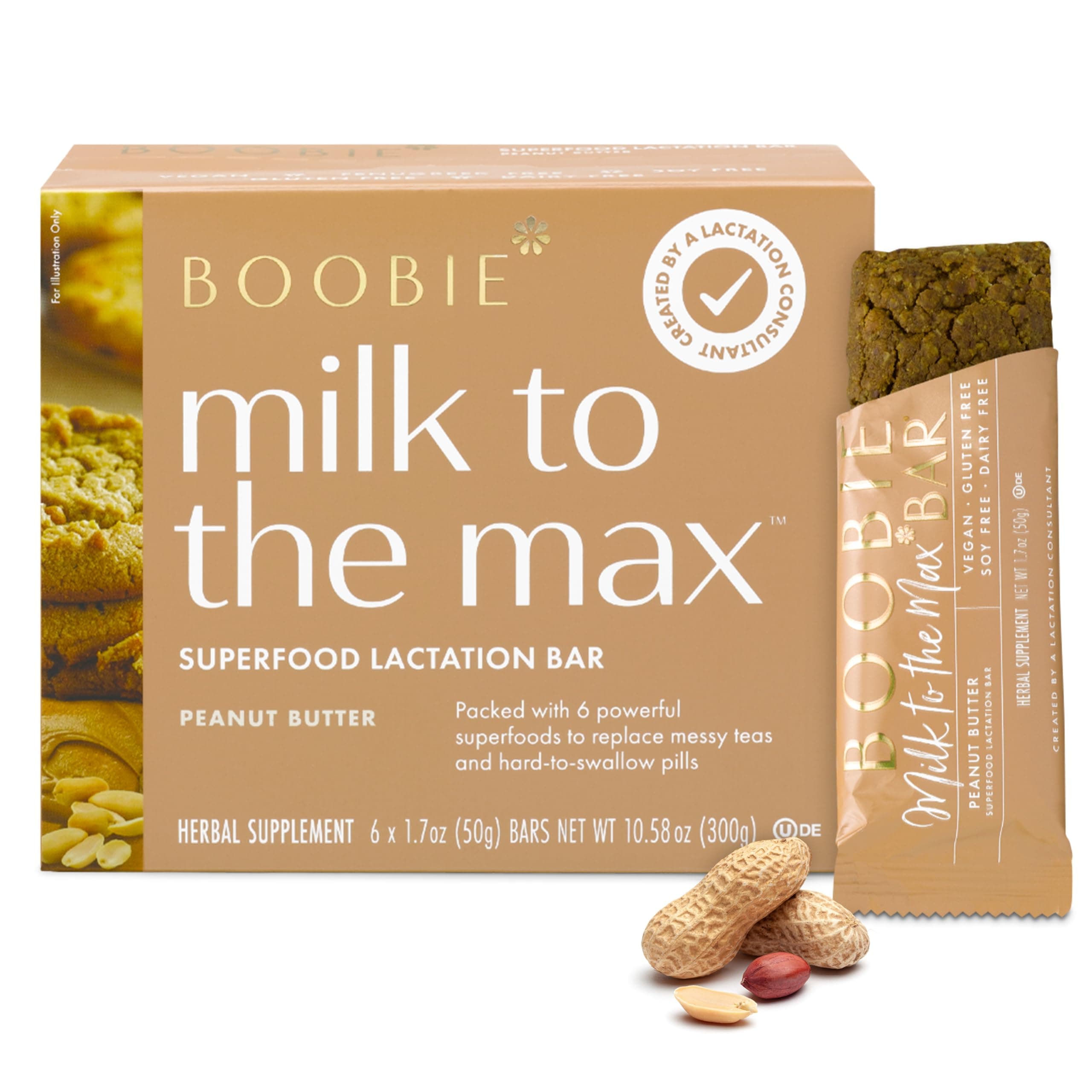 Boobie Bar Superfood Peanut Butter Lactation Bar for Breastfeeding Moms to Increase Milk Supply | #1 Selling Lactation Snack Bars | Vegan, Fenugreek-Free, Gluten-Free, Dairy-Free (6 Bars)
