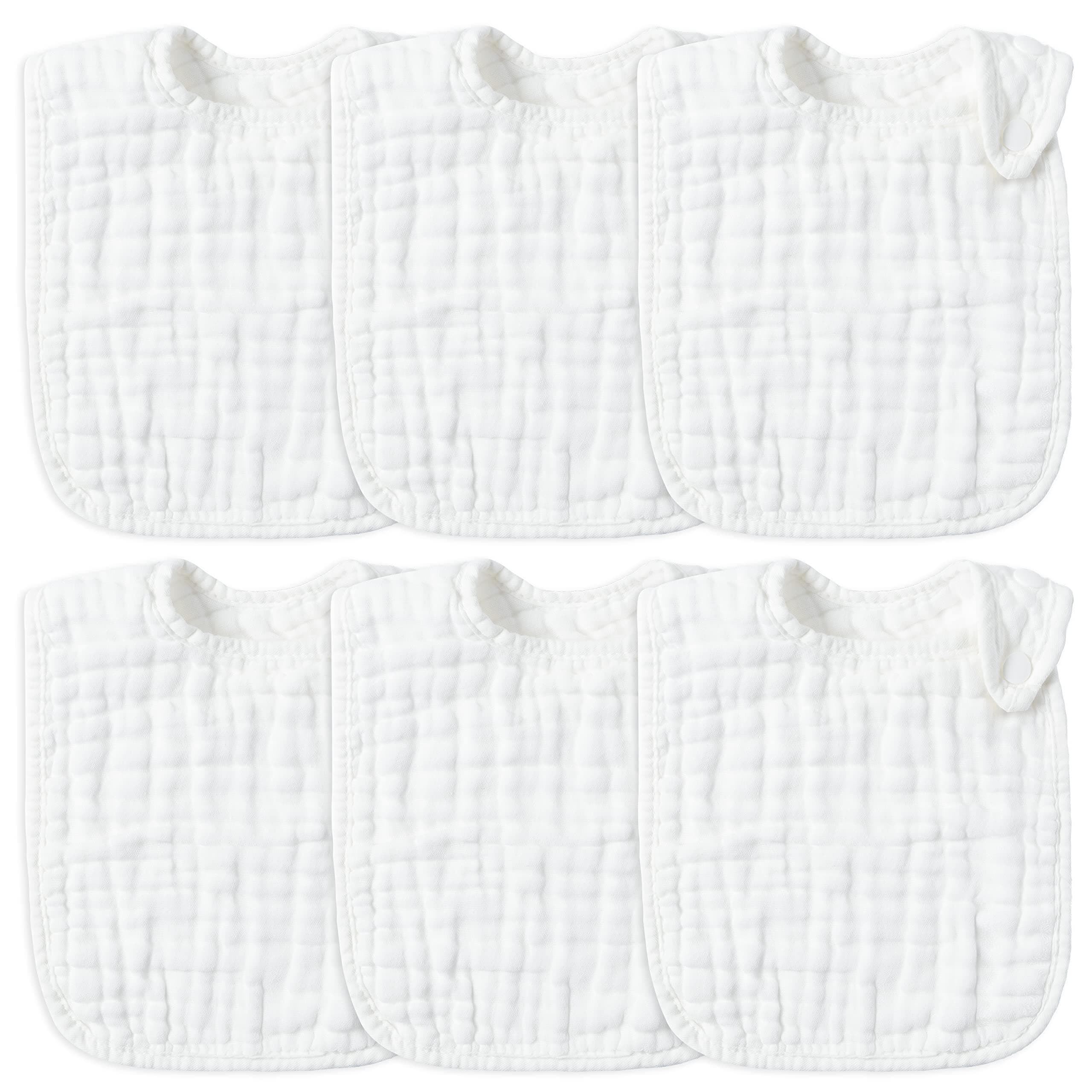 Zainpe 6Pcs Snap Muslin Cotton Baby Bibs White Adjustable Drool Bib with 6 Absorbent Soft Layers, Machine Washable Unisex Burp Cloths for 3 to 36 Months Boys Girls Infant Newborn Toddler