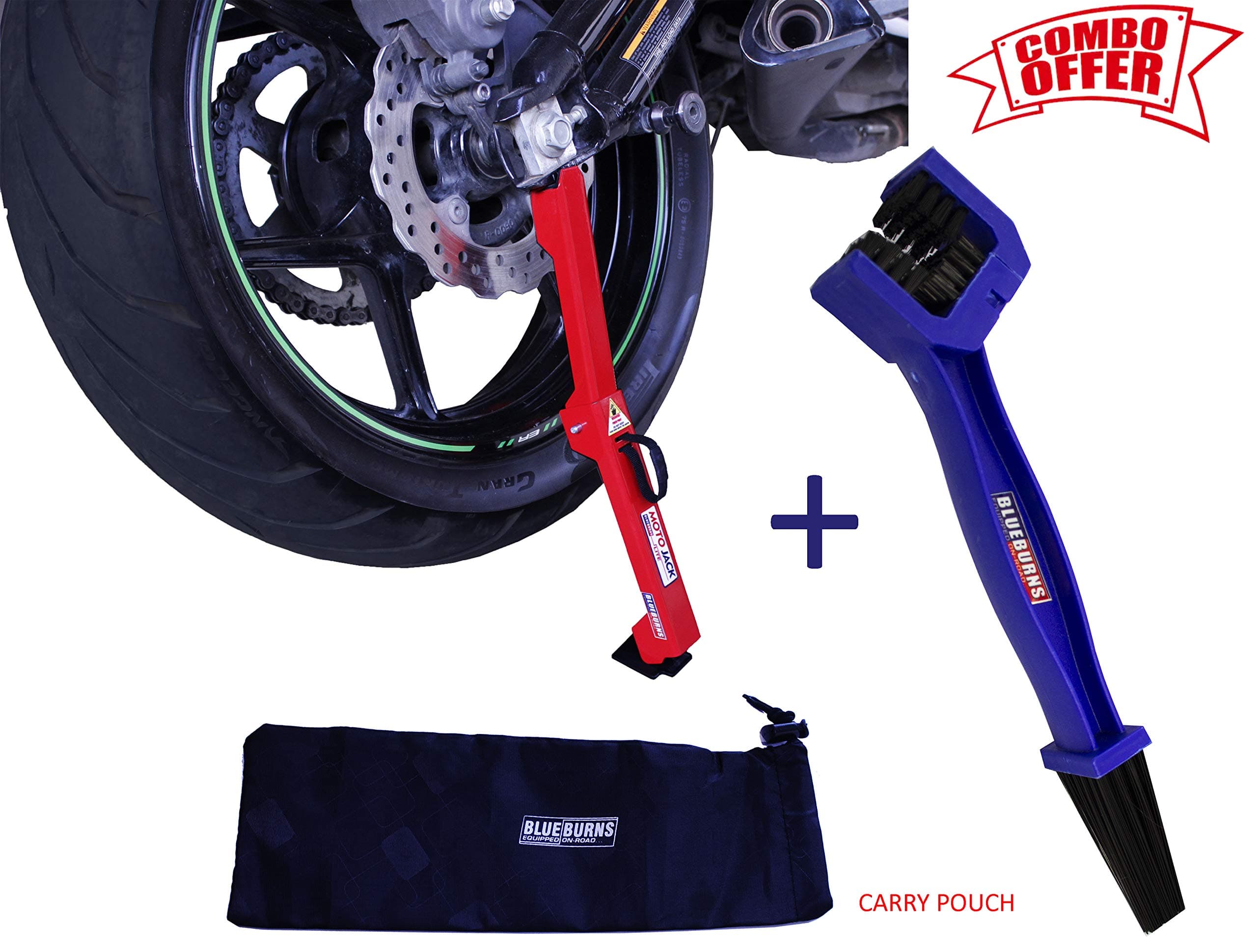 BlueBurns Moto Jack LITE and Chain Clean Brush - for Bike Chain Maintenance, Cleaning, Puncture Check Assistance for Bikes Without Center Stand