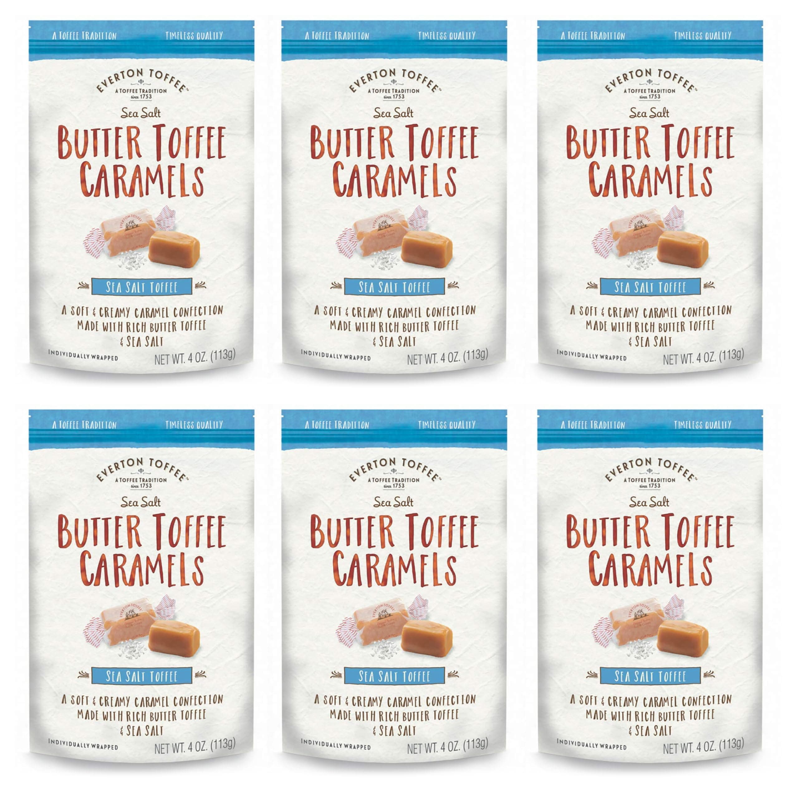 Everton Toffee Butter Toffee Caramels, Sea Salt Flavor (4 oz. bag, 6-pack). Gourmet, Artisan Soft and Creamy Toffee Caramels, Small Batch Crafted Carmel Candy Treats