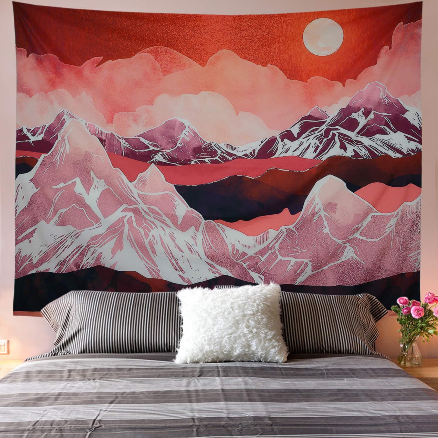 Mountains Tapestry Abstract Sunset Tapestry Red Nature Landscape Wall Hanging Tapestries for Room H51.2× W59.1inches