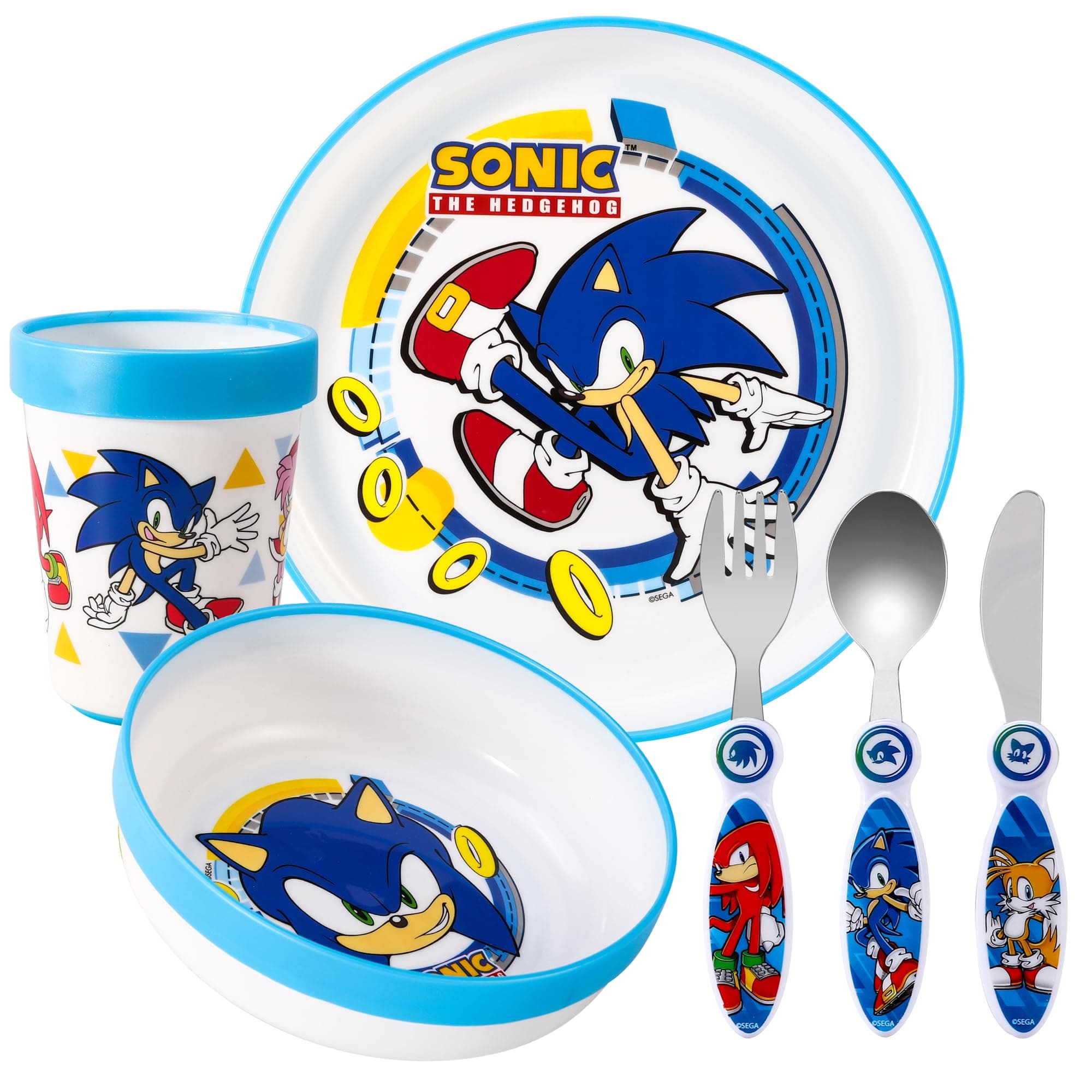 Zawadi Global Sonic The Hedgehog Kids 6 Piece Reusable Dinner Set - Plate/Bowl/Cup/Knife/Fork/Spoon - Childrens Dinnerware Tableware Cutlery Set