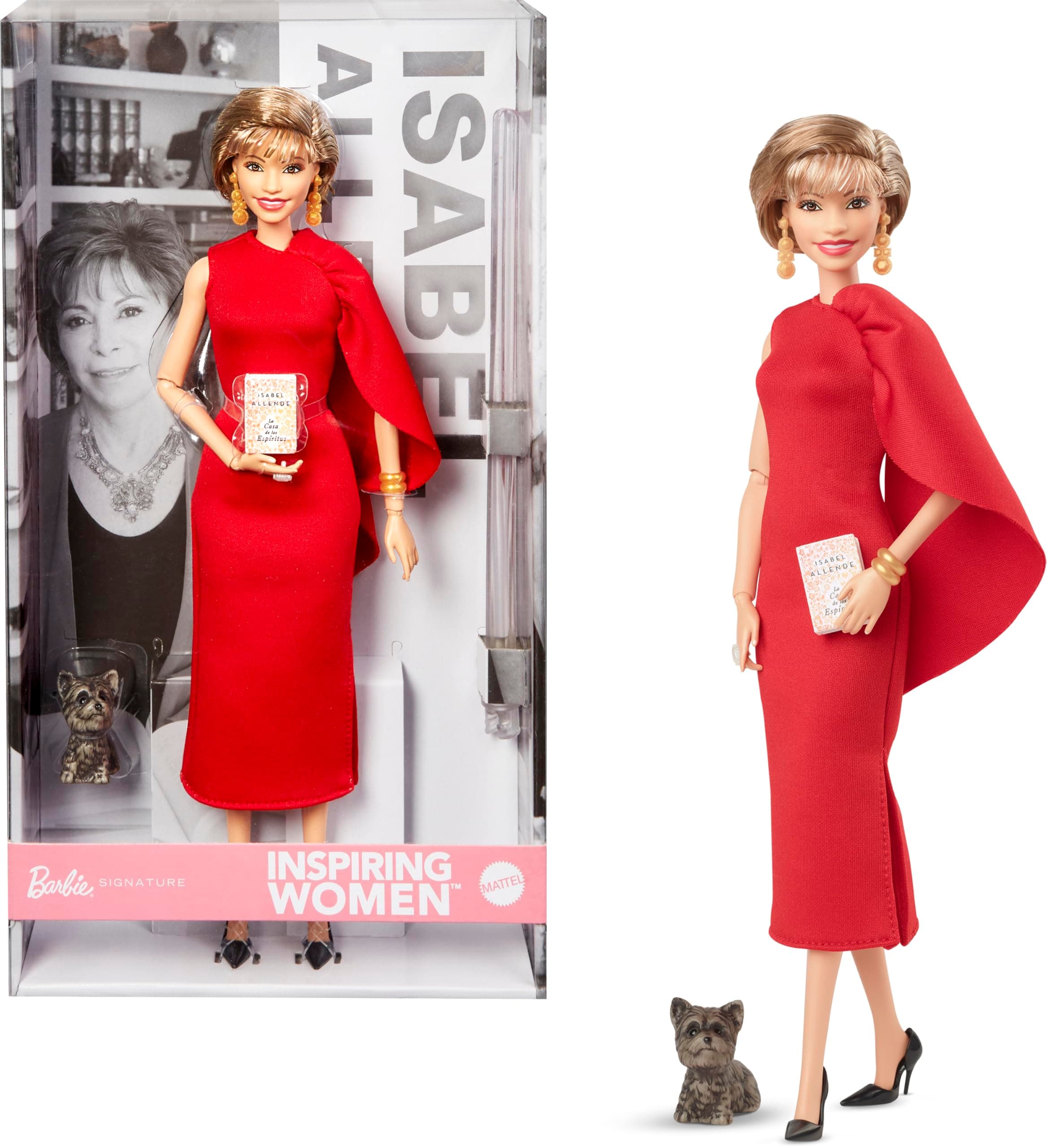 Barbie Inspiring Women Doll, Isabel Allende Collectible with in Red Dress with Book Accessory & Pet