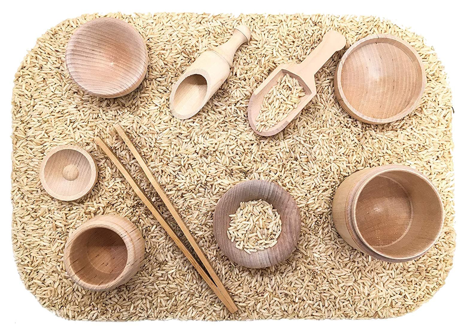 Sensory Bin Tools, Montessori Toys for Toddlers, Waldorf Toys, Wooden Scoops and Tongs for Transfer Work and Fine Motor Learning