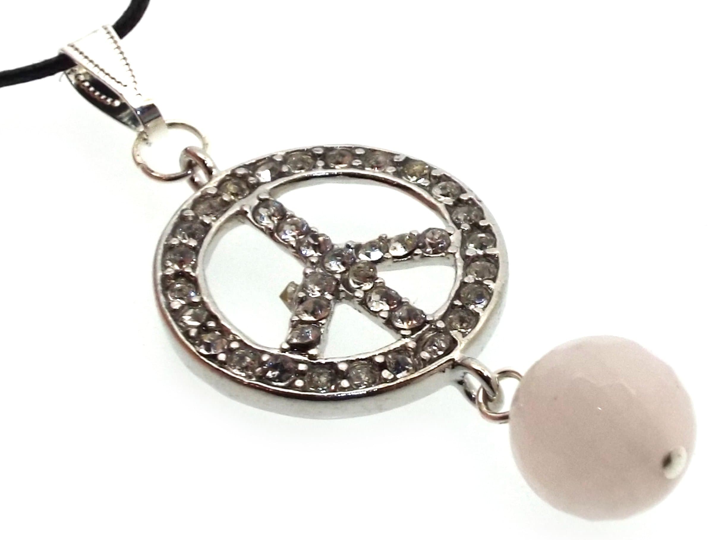 Crystal Encrusted Peace Sign with Rose Quartz Pendant
