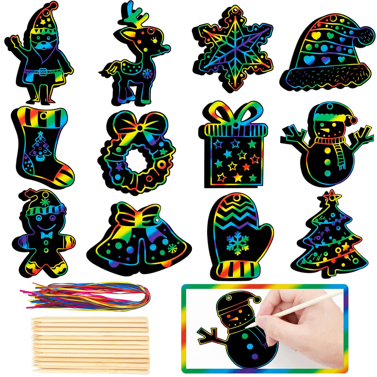 36 Pieces Christmas Scratch Art for Kids, DIY Rainbow Magic Scratch Paper, Santa Claus, Elk, Snowflakes, Wreath, Bells, Christmas tree House Arts and Crafts Ornaments for Party Favor Holiday Decor