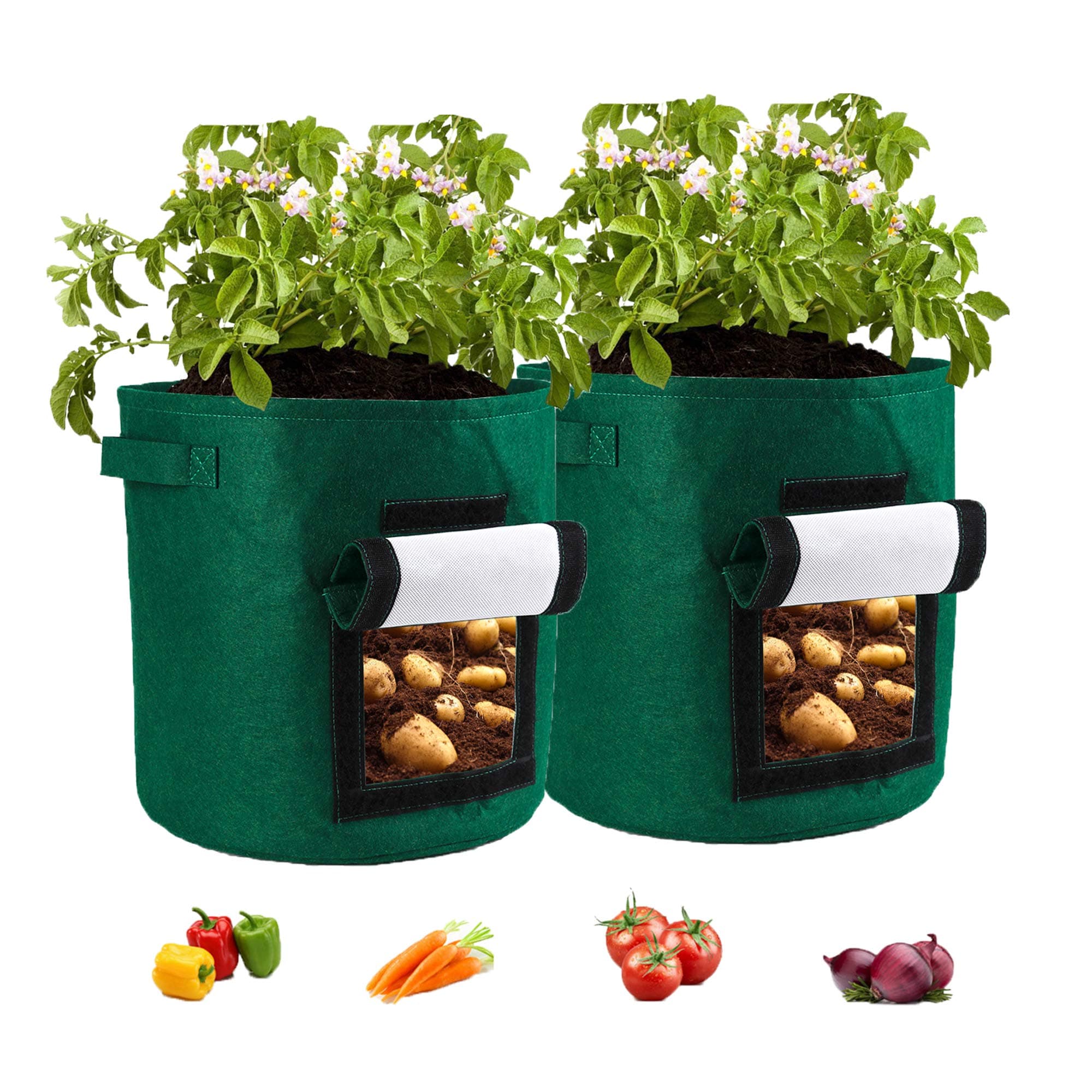 LWAN3 2 Pack Potato Grow Bags, 15 Gallon Felt Fabric Non-woven Liner Potato Planting Bag with Flap and Handles for Garden Potato Tomato Carrot Vegetables Flowers