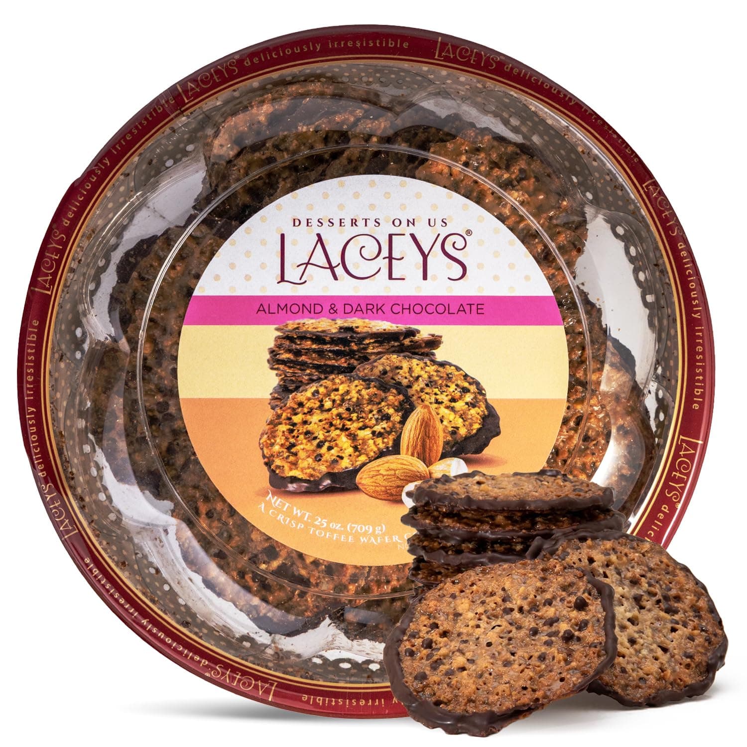 Laceys Gourmet Cookies | Light and Crispy Delicious Cookies | Handcrafted by Desserts On Us (25 Ounce, Almond & Dark Chocolate)
