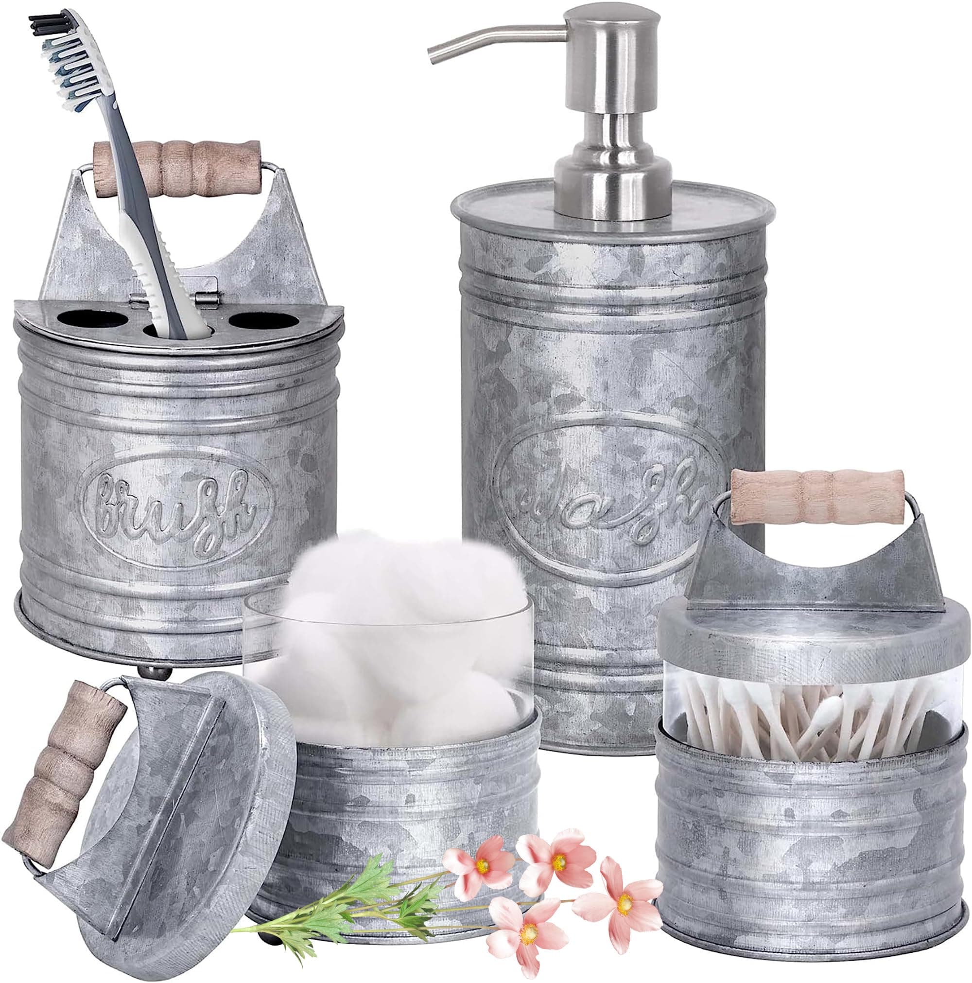 Autumn Alley Rustic Farmhouse Galvanized Bathroom Accessories Set (4 PCS) - Lotion Soap Dispenser, Toothbrush Holder, 2 Apothecary Jars (Qtip Holder) - Rustic Farmhouse Bathroom Decor