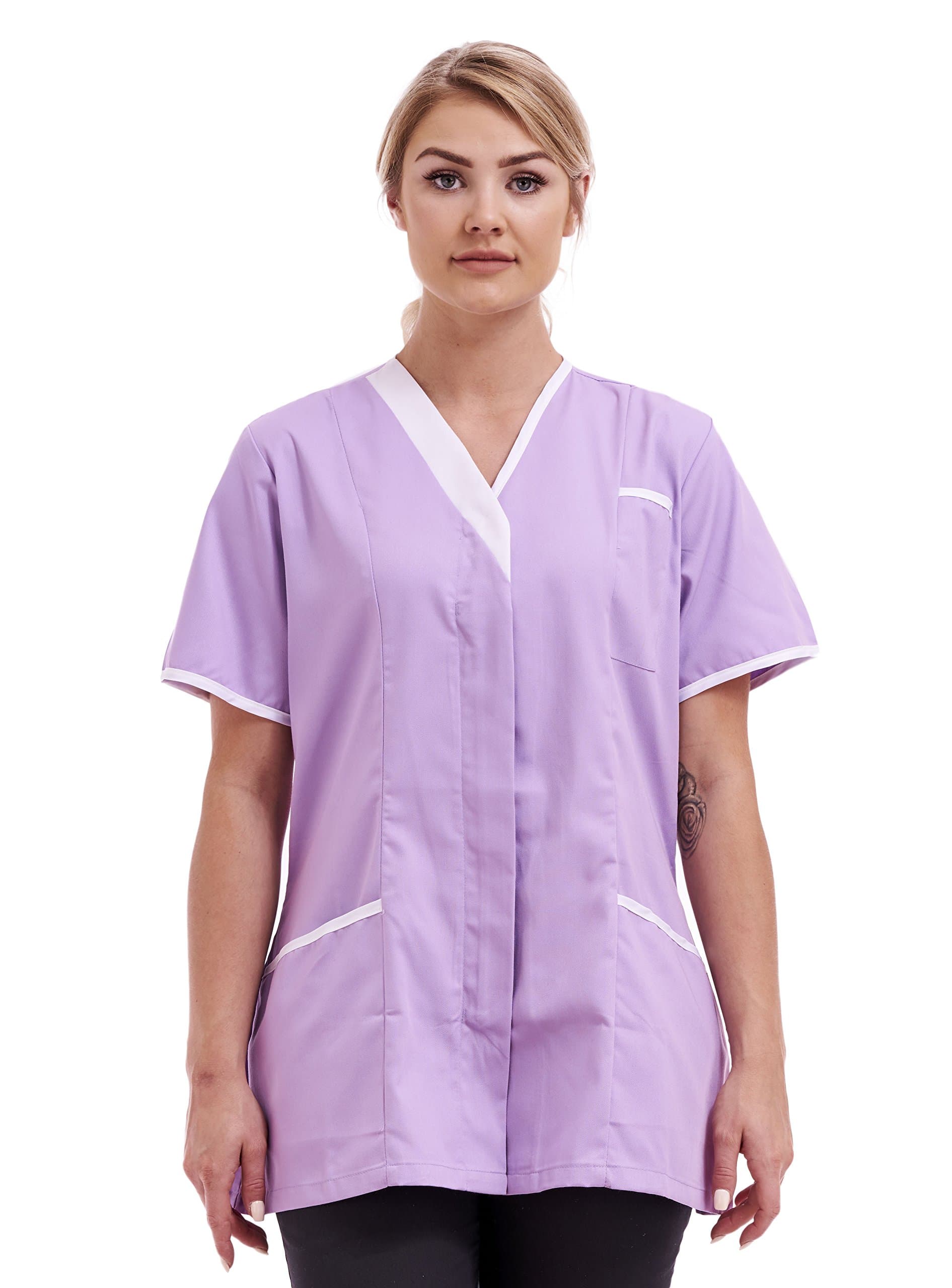 Fashion Link Womens Healthcare Bold Trim Tunic Nurses Uniform Maid Housekeeper Beautician with Highlighted Contrast Trim Size S to XL Multicolored