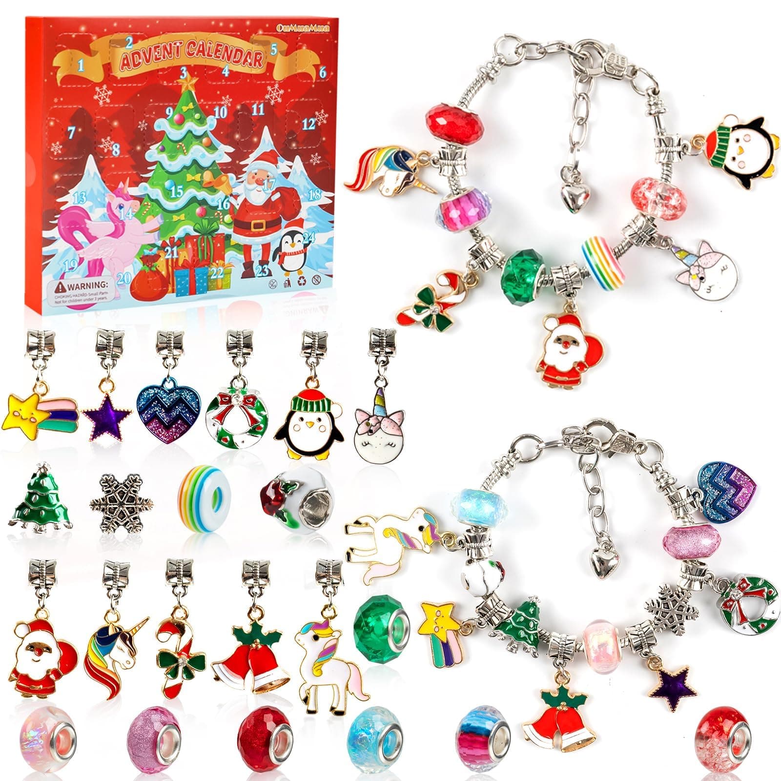 OuMuaMua Christmas Advent Calendar Charm Bracelets 2025 for Girls Kids, 24 Days Christmas Unicorn Countdown Calendar with 2pcs DIY Charm Bracelets Kit for Girls Kids Teens Adult Women