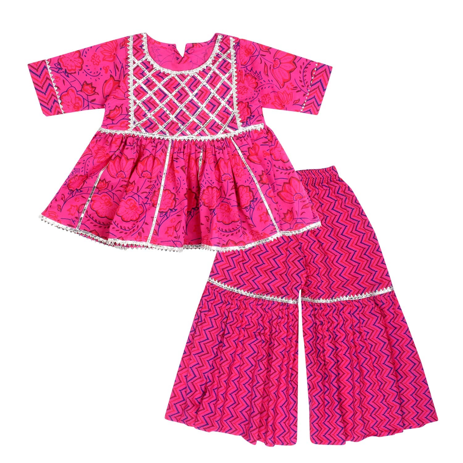 SuperminisBaby Girls Cotton Sanganeri Printed Frock Style Kurti with Printed Sharara Dress
