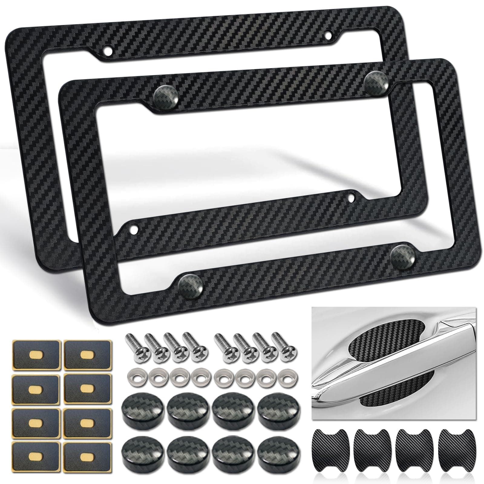 Carbon Fiber License Plate Frames- Black Carbon Pattern Plastic Front & Rear Car Tag Holder Cover 2 Pack with Mount Hardware, Screws, Caps, Handlebar Stickers