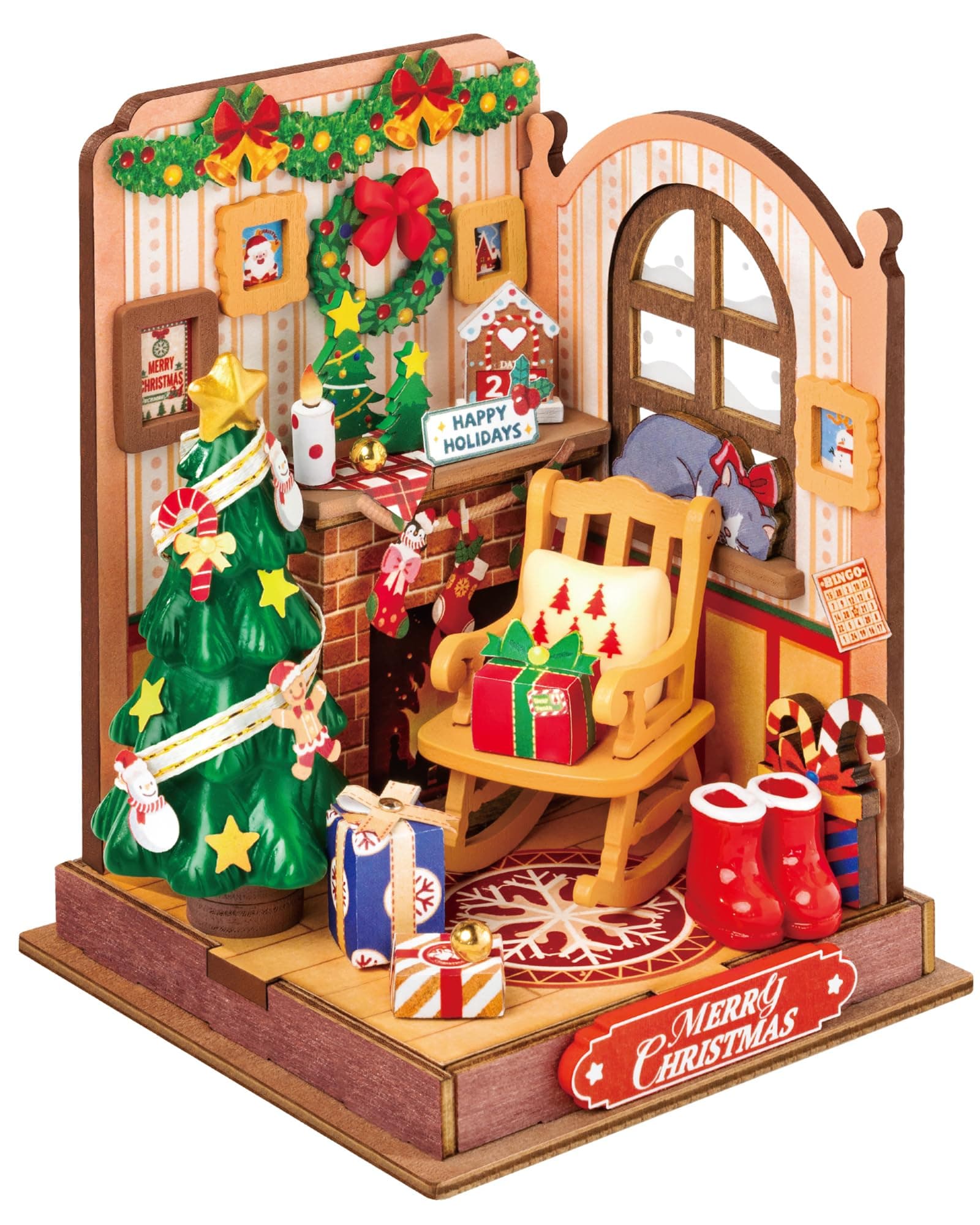 Rolife DIY Miniature House Kit Dollhouse Wooden Model Kit Christmas Dolls House Age 14+ with Christmas Tree and Furniture Birthday Gift for Children and Adults (Christmas Fireplace)