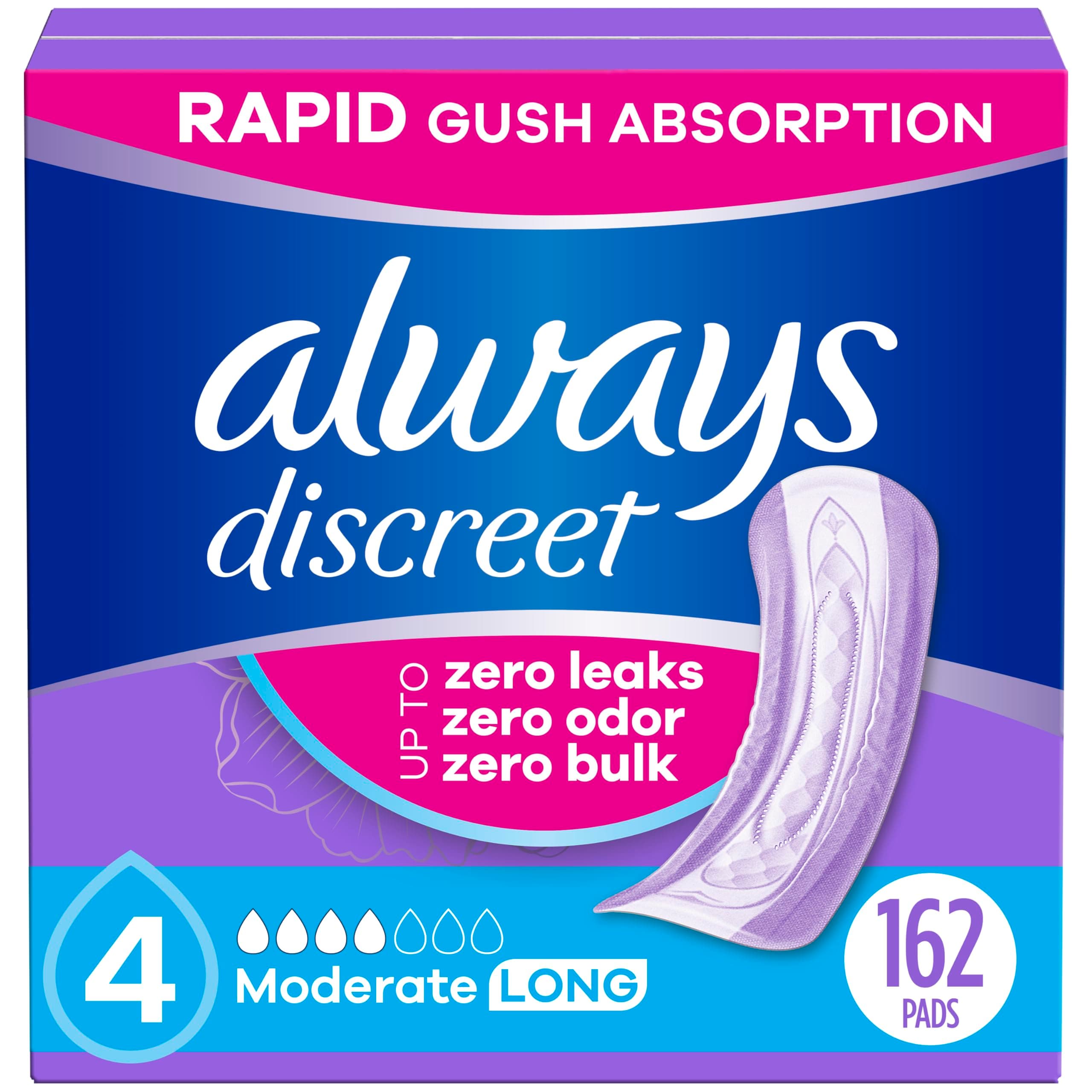 Adult Incontinence Pads for Women, Moderate Absorbency, Long Length, Postpartum Pads, 162 CT