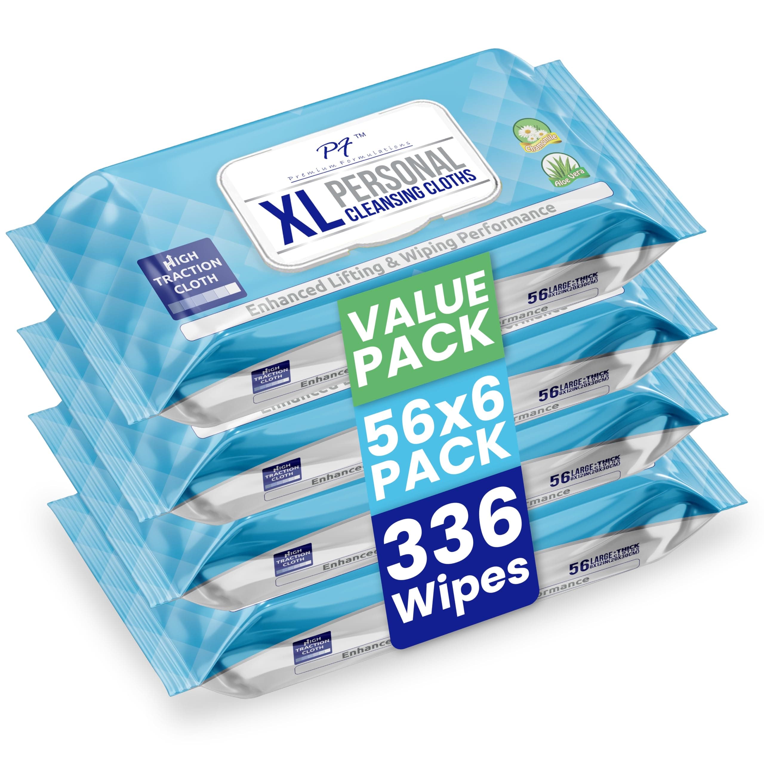 Premium Formulations XL Adult Wipes – (4 Packs x 56 Wipes = 224 Wipes) High Traction, Uber Thick & Extra Large Wash Cloths | Disposable Incontinence Wipes with Aloe for Elderly Care & Hygiene