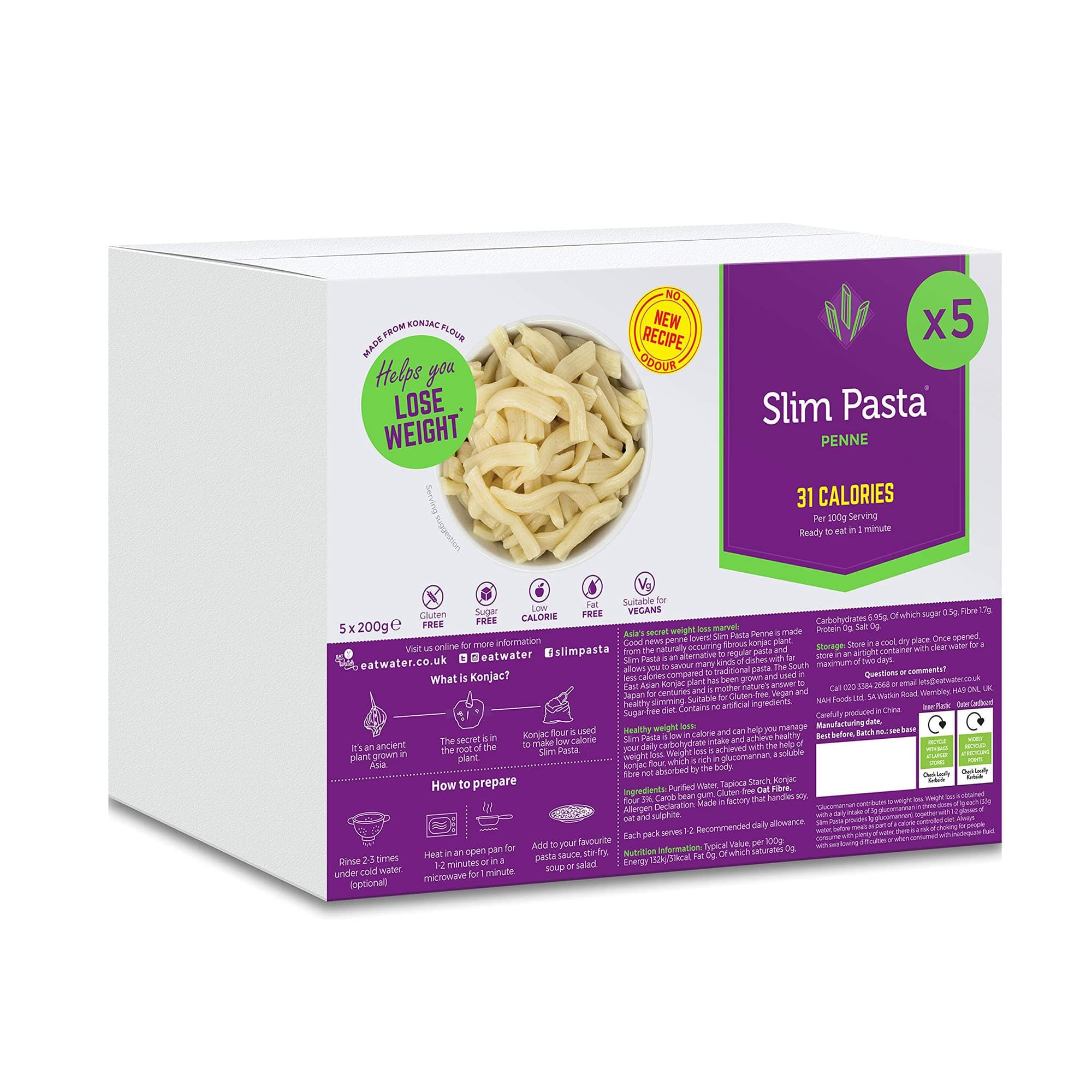 Eat Water Slim Penne Pasta (Enviro Pack of 5 x 200g) Made from Konjac Flour, No Drain - Pasta with Low Carb, Low Calorie, Gluten & Fat Free, Vegan High Fibre, Keto Diet Friendly Ready to Eat Food