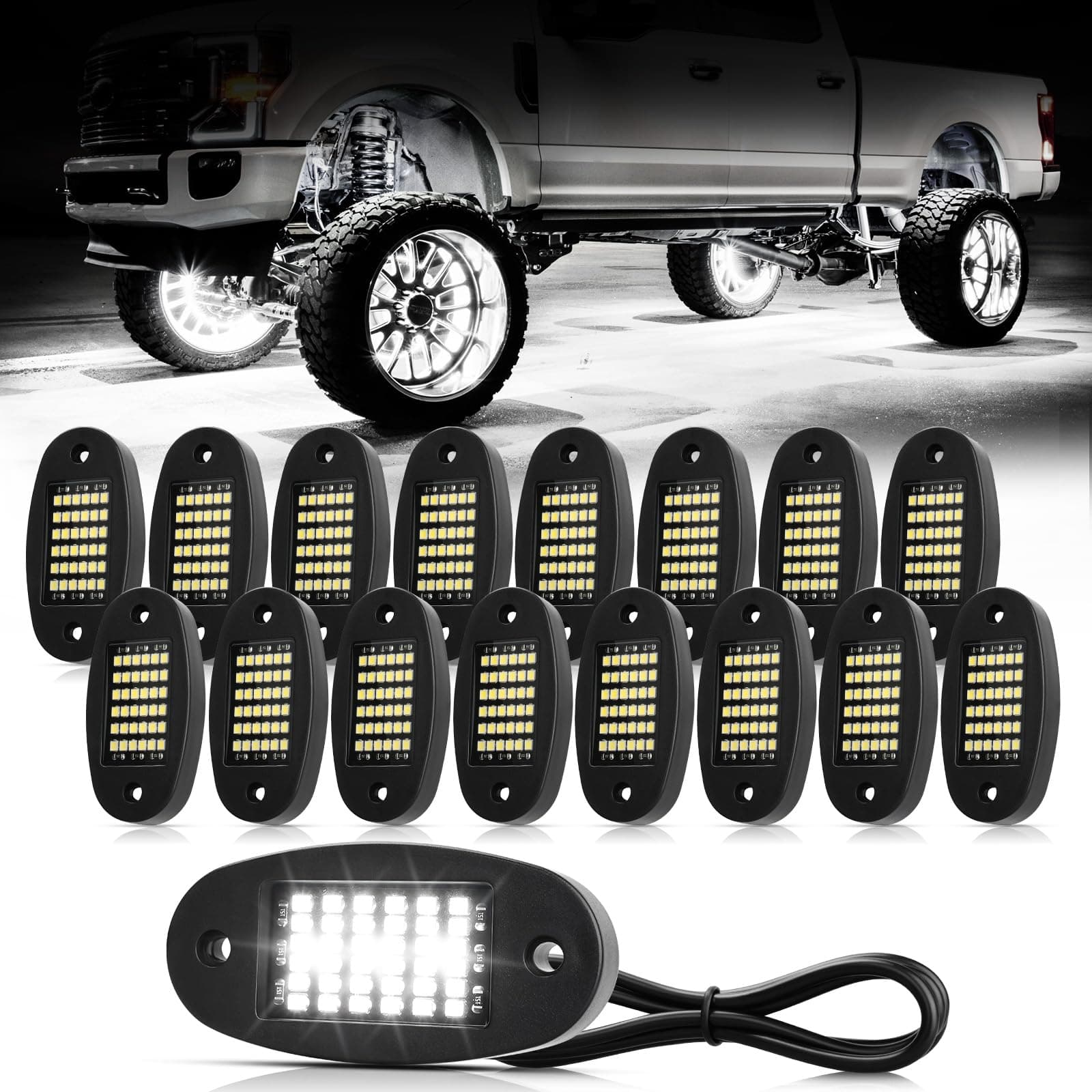 16 Pods White Rock Lights 6000K Pure White 36 LEDs SMD Chips Super Bright Neon Underglow Light IP68 Waterproof for Pickup Trucks SUV UTV ATV RZR Car Boats (White)