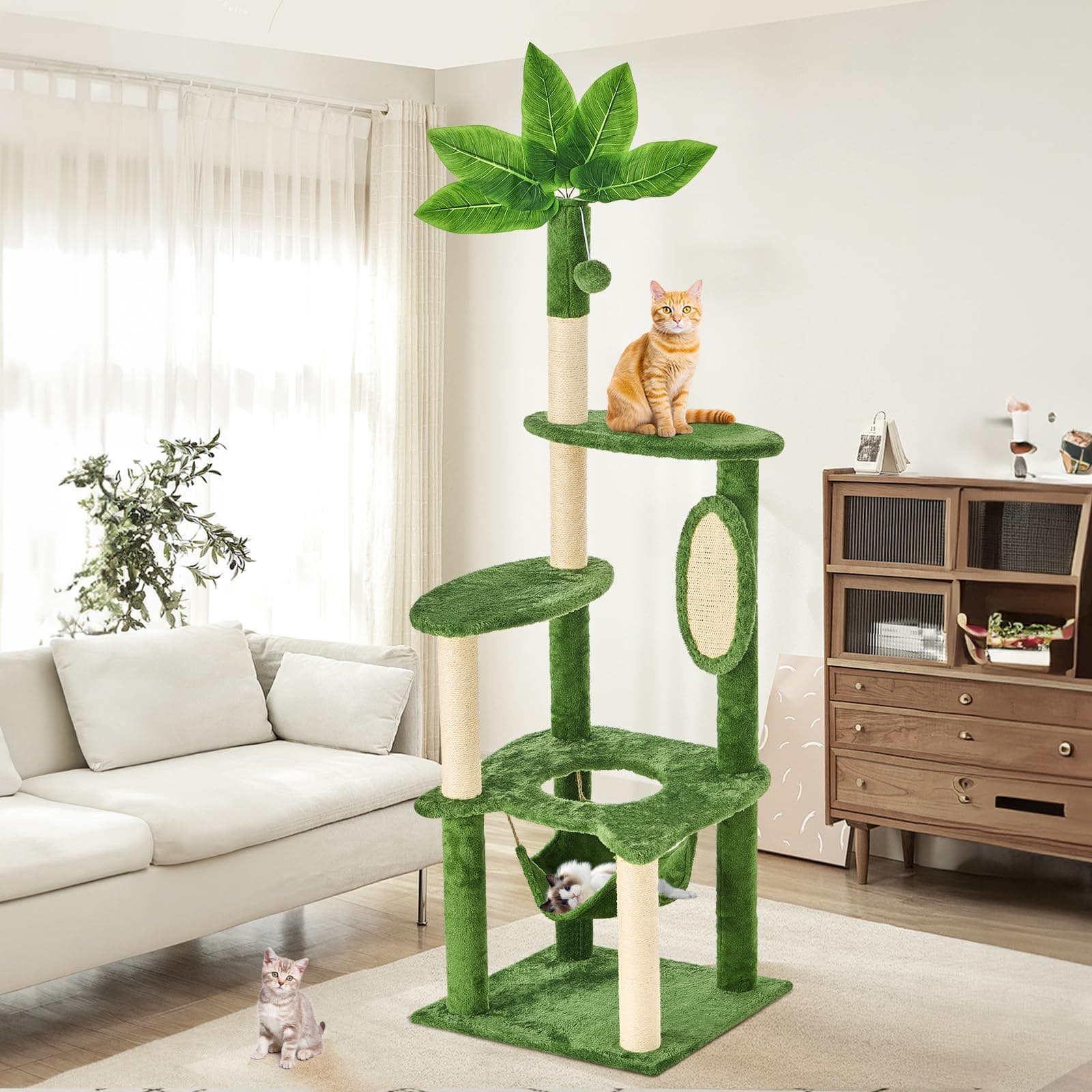 TSCOMON 61" Large Cat Tree Tower for Indoor Cats with DIY Green Leaves Scratching Post Multi Soft Hang Ball Plush Cat House Furniture 360° Rotating Cat Scratch Board with Hammock, Green