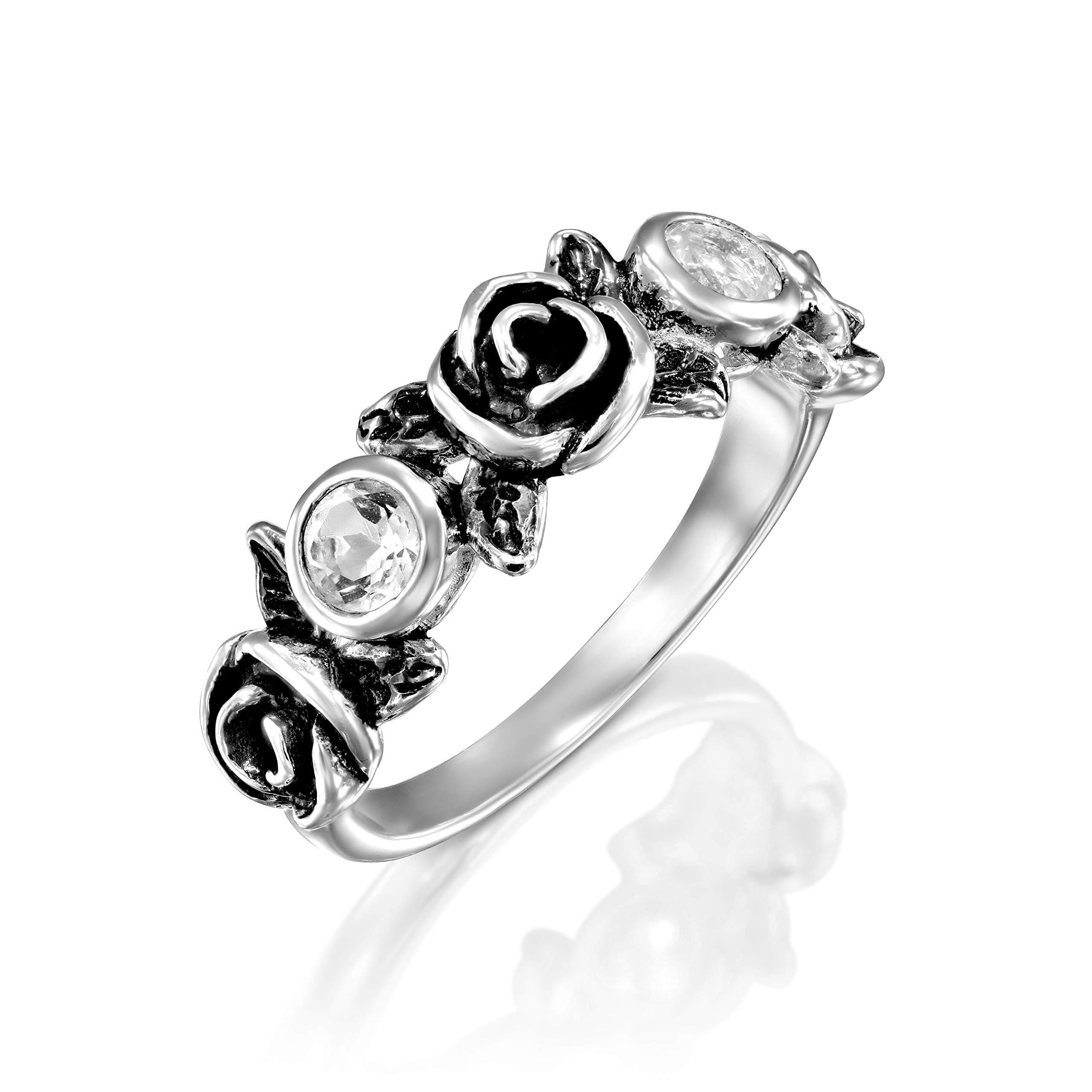 PZ Paz Creations .925 Sterling Silver Gemstone and Rose Flower Ring