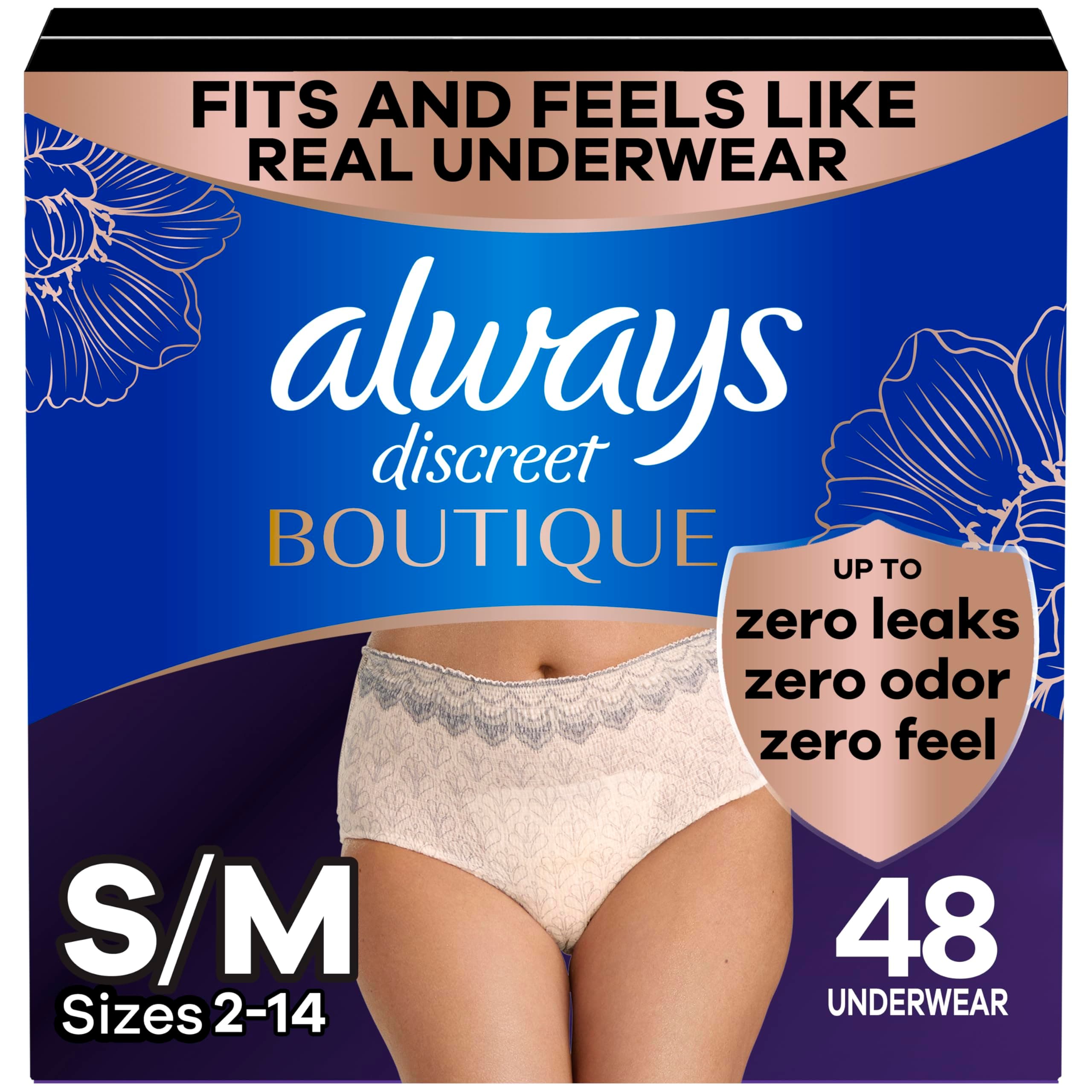 Boutique Incontinence and Postpartum Underwear for Women, Maximum Protection, Small/Medium, Rosy, 48 Count (4 Packs of 12)