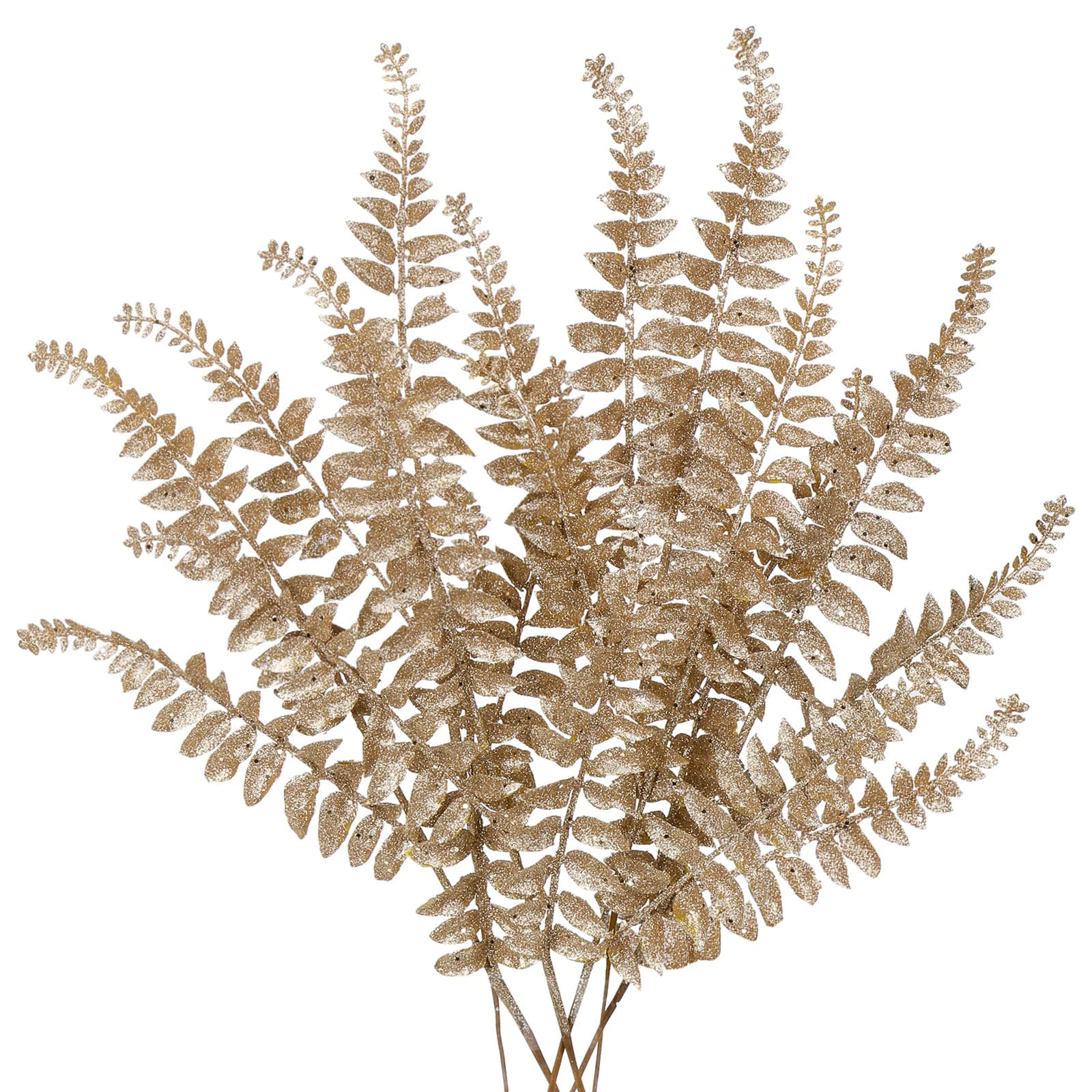 6PCS Christmas Glitter Leaves 63cm Artificial Boston Fern Champagne Glitter Leaf Floral Picks Christmas Tree Decorations Artificial Leaves Stem for Xmas Tree Ornaments New Year Flower Arrangment