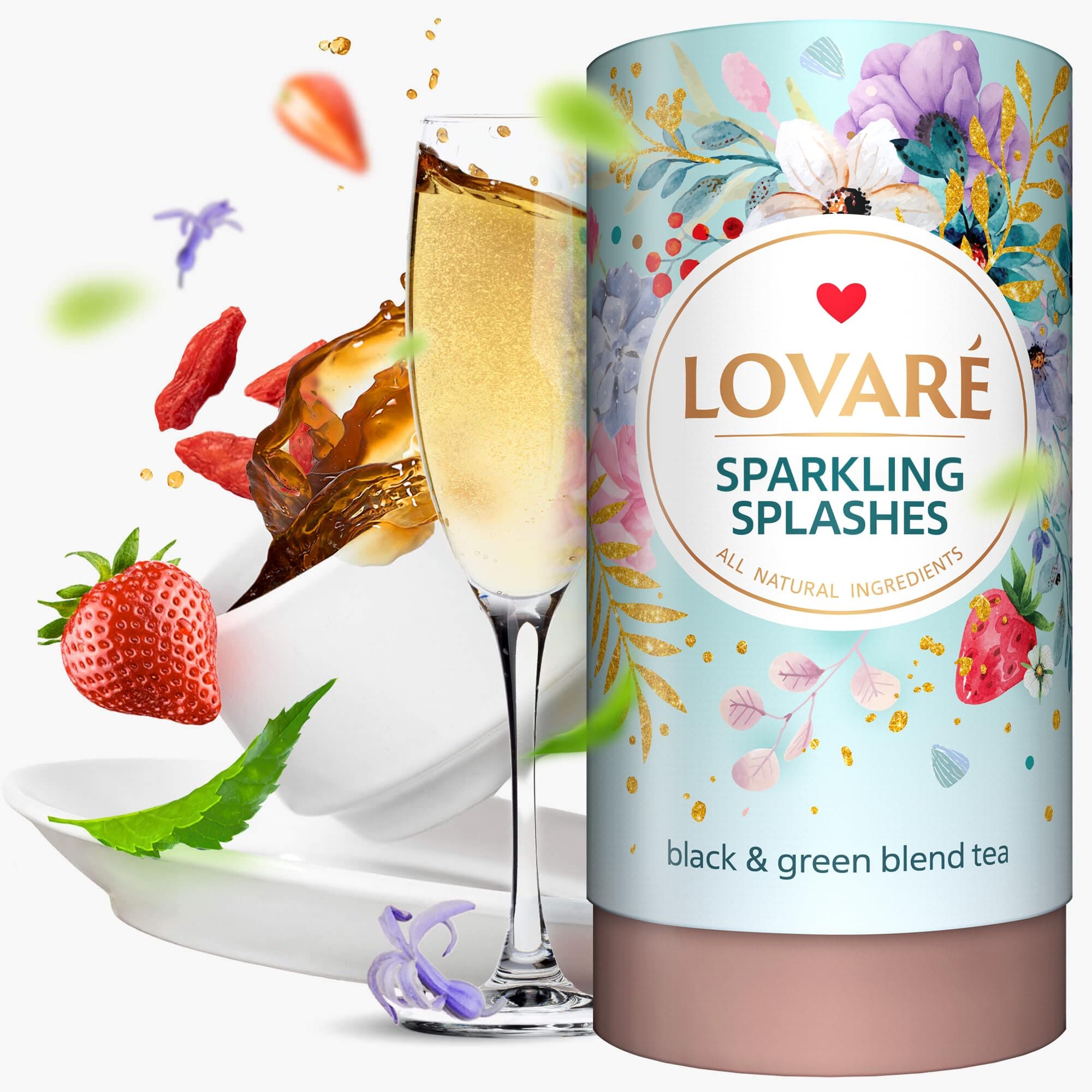 LOVARE Sparkling Splashes Loose Leaf Tea 80 g - Made in Ukraine - Black and Green Tea, Strawberry, Cornflower and Safflower Petals, Goji berries - Gift Box with 15 Paper Filters (Sparkling Splashes)