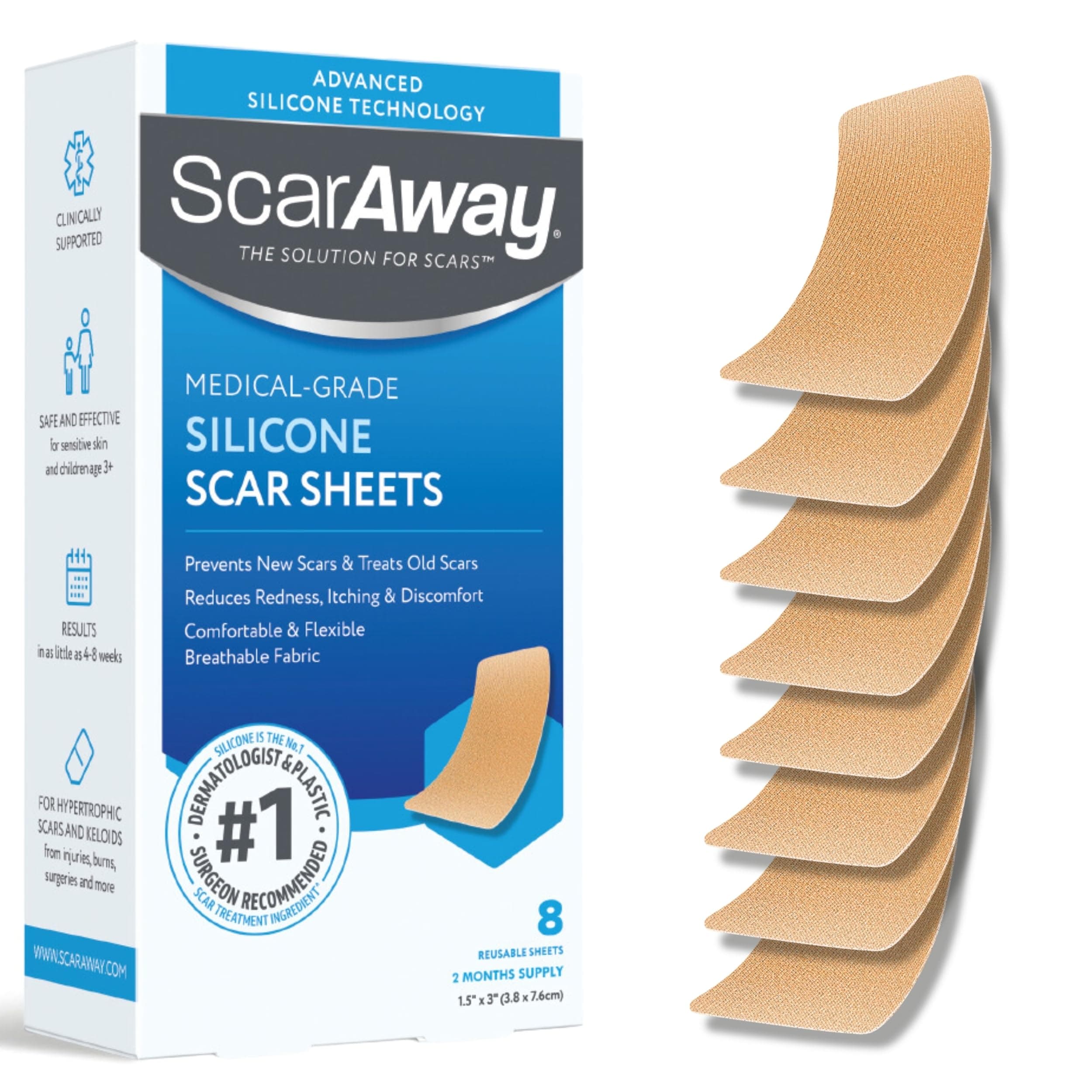 Advanced Silicone Scar Sheets, Medical Grade Silicone Strips (1.5" x 3") Scar Treatment & Prevention for Surgical, Burn, Body, Hypertrophic & Keloid Scars Treatment, 8 Tan Reusable Sheets