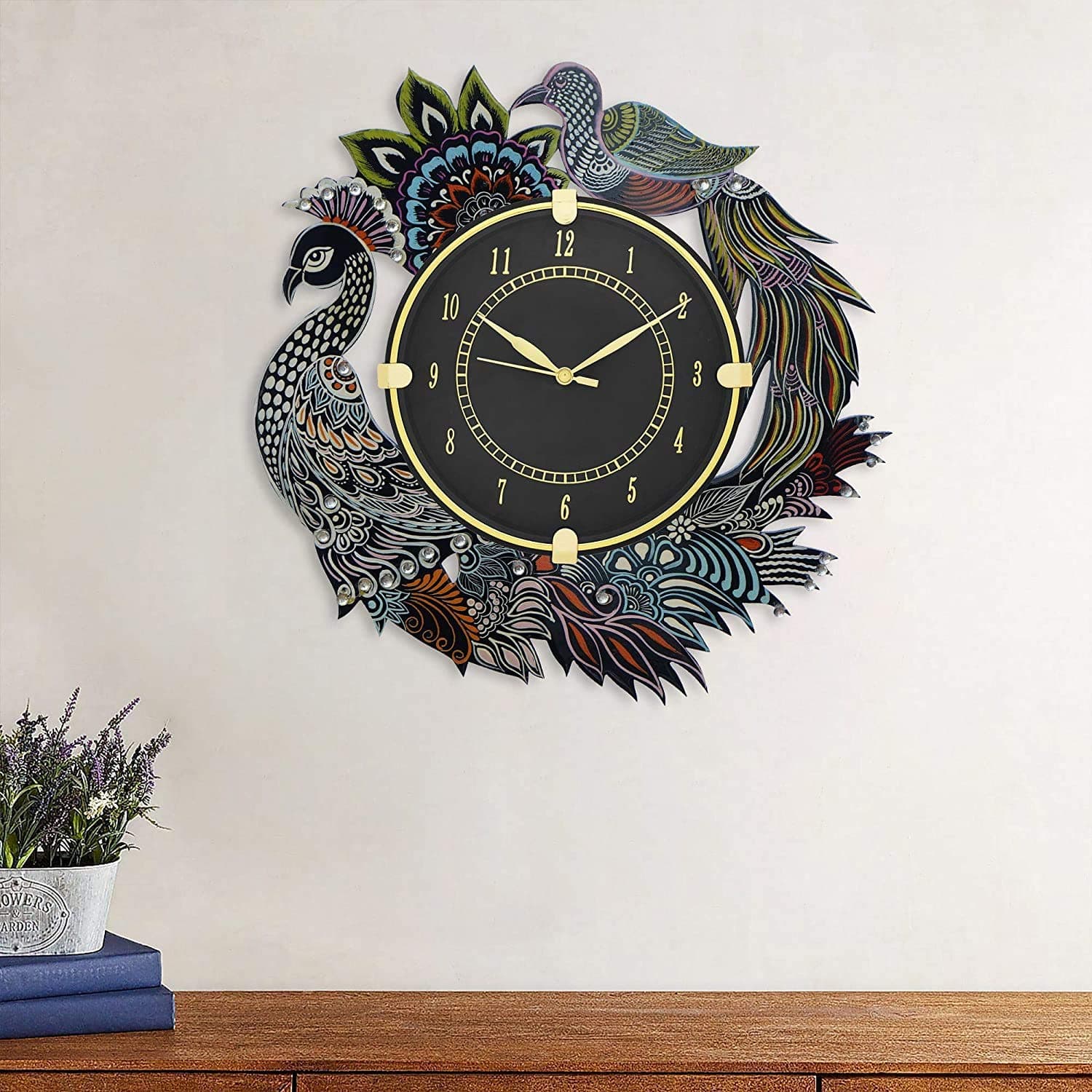 CAPIO ART Wooden Handicraft Peacock Theme Wall Clock | Round Quartz Analog Decorative Mounted Clock for Home & Office | Stylish Antique Design Wall Art for Gifting | 13 Inch (Multicolor_7)