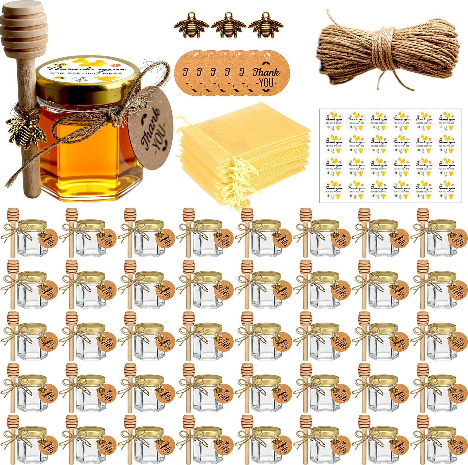 Adabocute Mini Honey Jars - Honey Pot With Honey Dipper, Bee Pendants, Jutes, Tags and Gold Organza Bags - Perfect For Baby Shower Favors, Party Favors and Wedding Favors, 40 Pack 1.5oz