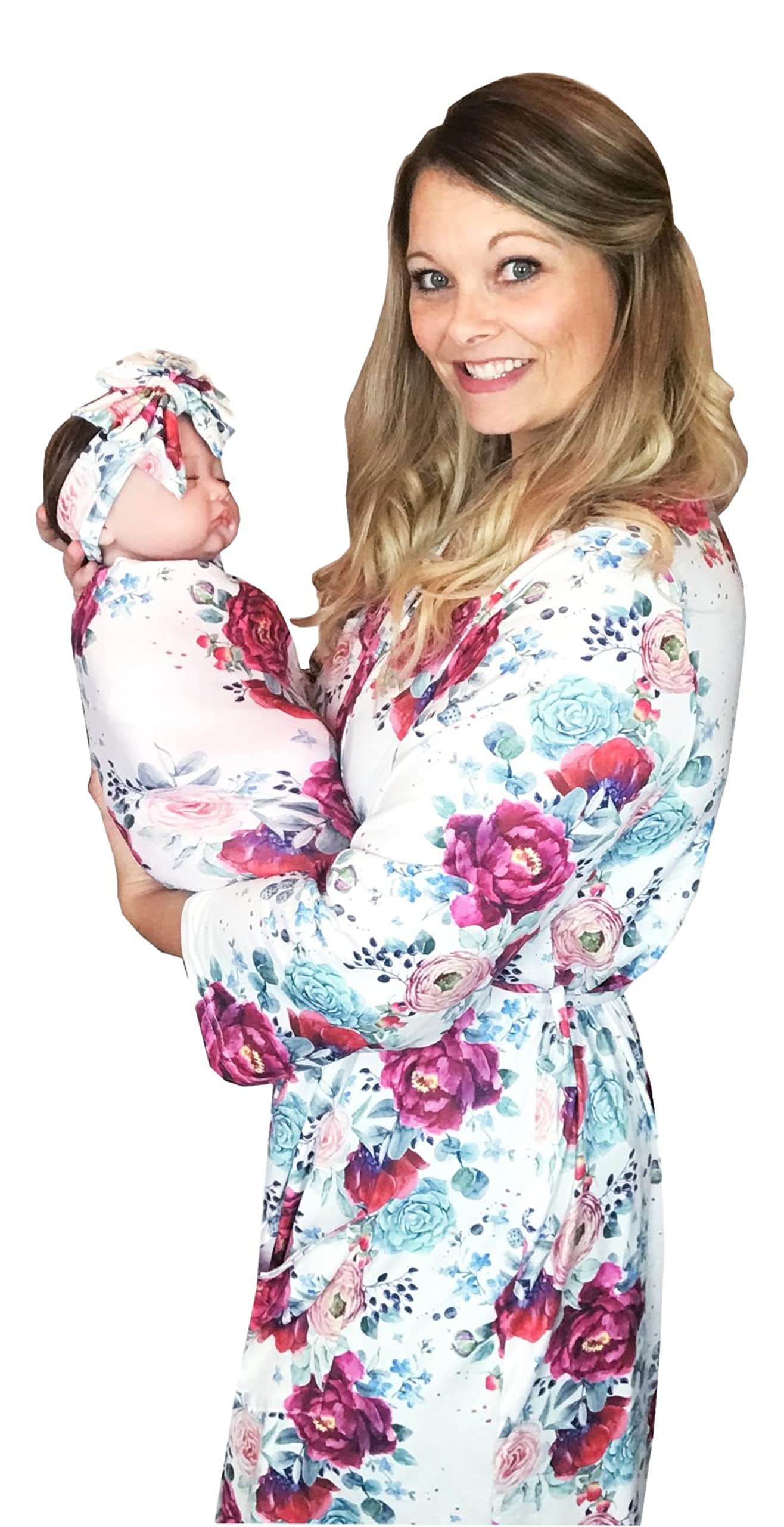 Mommy Robe with Matching Baby Swaddle Blanket and Bow or Cap