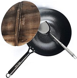 - 12.5 Inch Carbon Steel Wok For Electric, Induction and Gas Stoves (Lid, Spatula and User Guide Video Included)