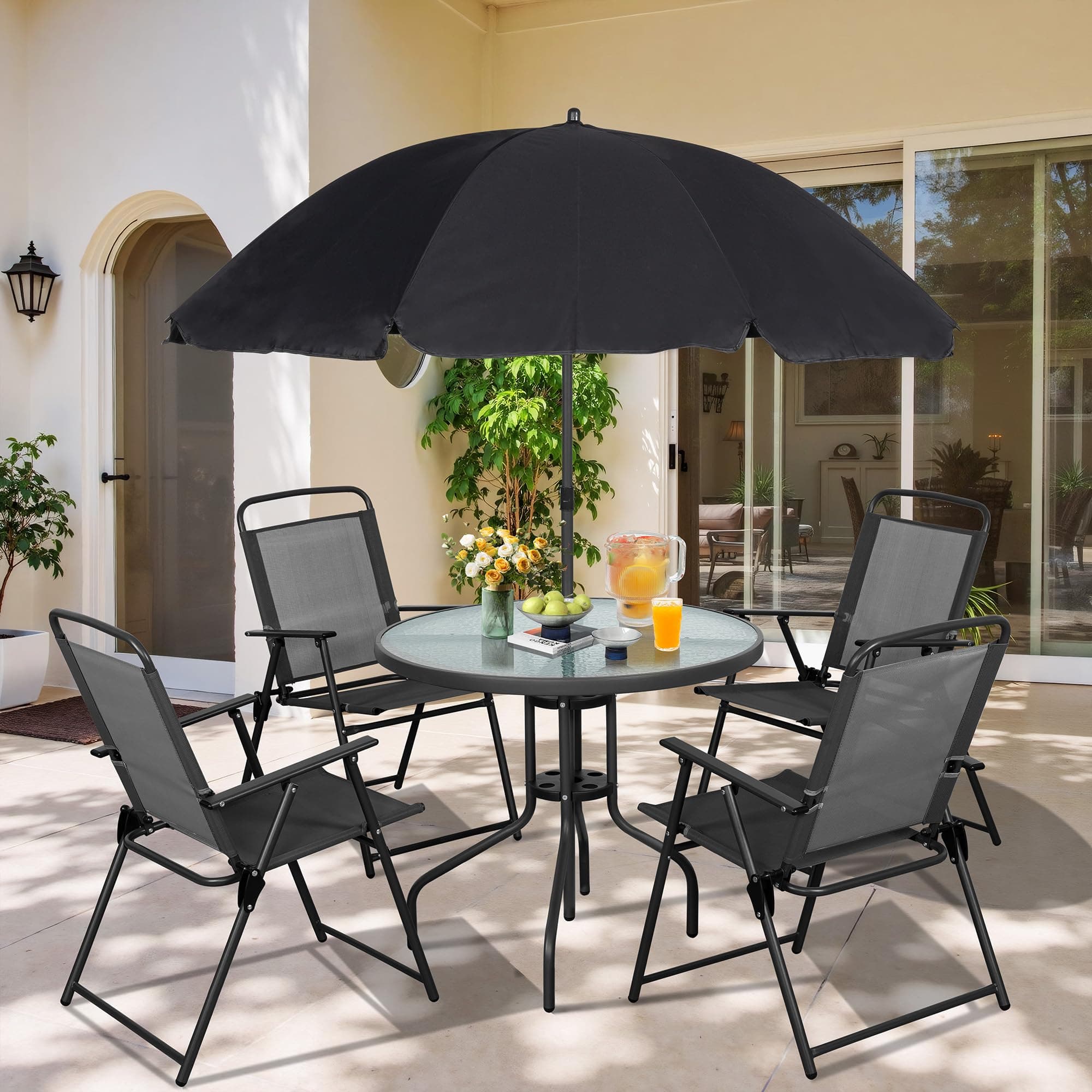 Vongrasig 6 Piece Folding Patio Dining Set,Small Metal Outdoor Garden Patio Table and Chair Set w/Umbrella for Lawn,Deck,Backyard,Black