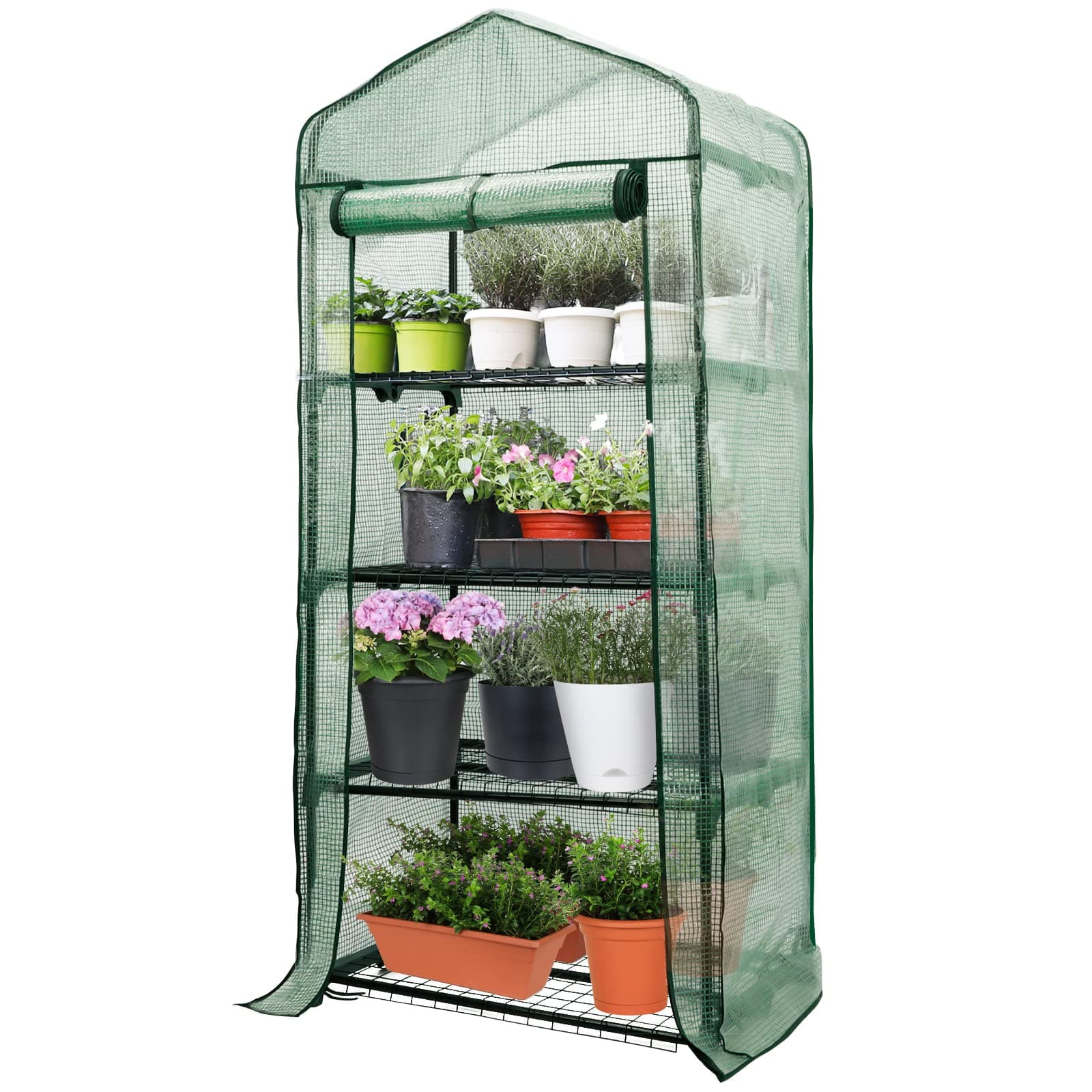 Worth Garden 4 Tier Mini Greenhouse - 63'' H x 27'' L x 19'' W - Sturdy Portable Gardening Shelves with Durable PE Cover w/ Roll-Up Zipper Door- Small Green House Indoor & Outdoor for Plants Flowers