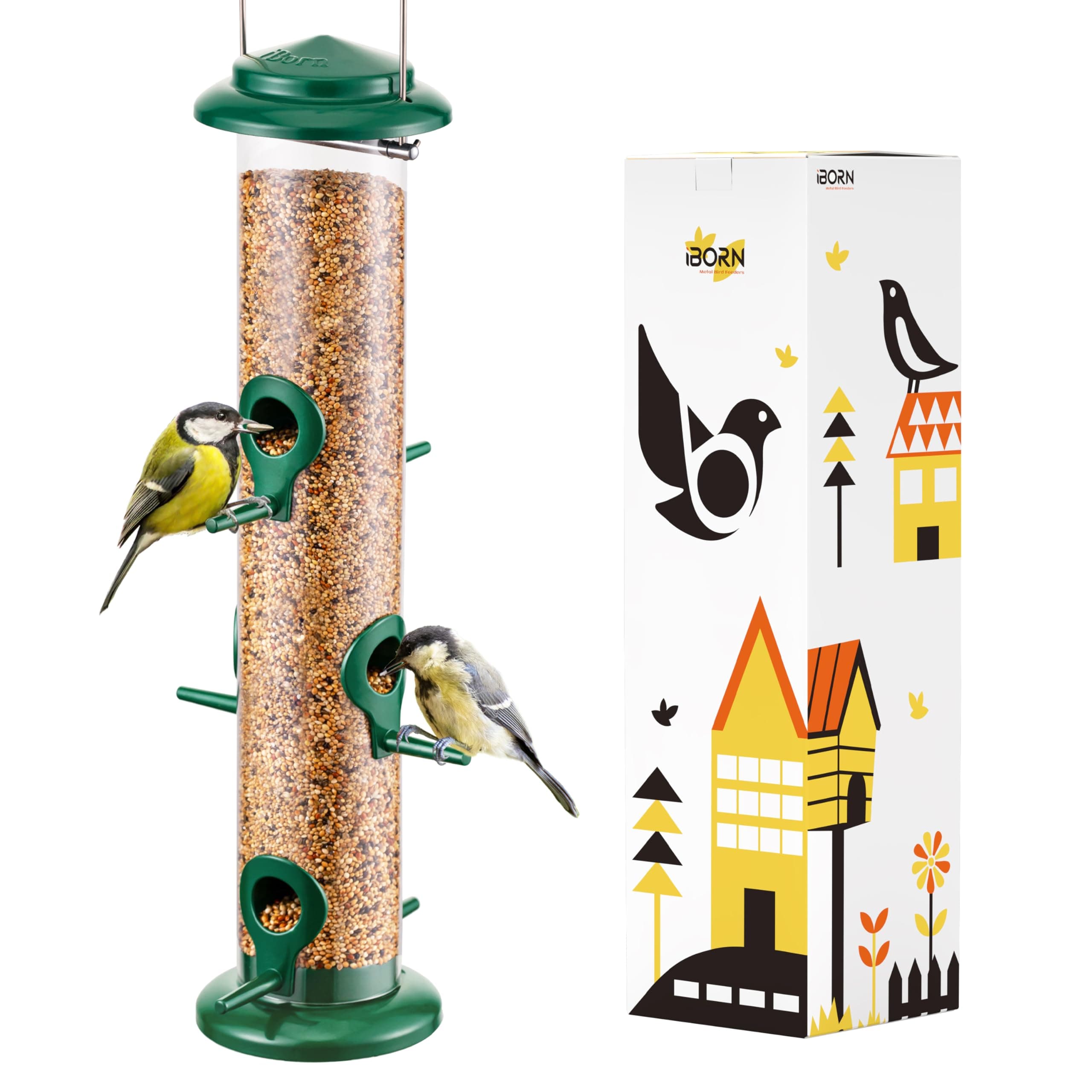 – Metal Bird Feeders 6 Ports Hanging Wild Bird Seed Feeder for Mix Seed Blends, Niger Seed Feeder, Sunflower Heart, Birdbath, Heavy Duty All Metal Green Finishing 15 Inch 6Port