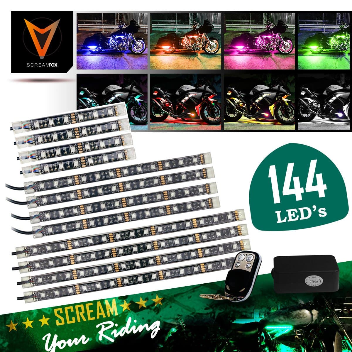 Motorcycle LED Light Kit Music Active and Remote Controller Multi Color Neon Light (Old Version 12 Strips 144LED's)