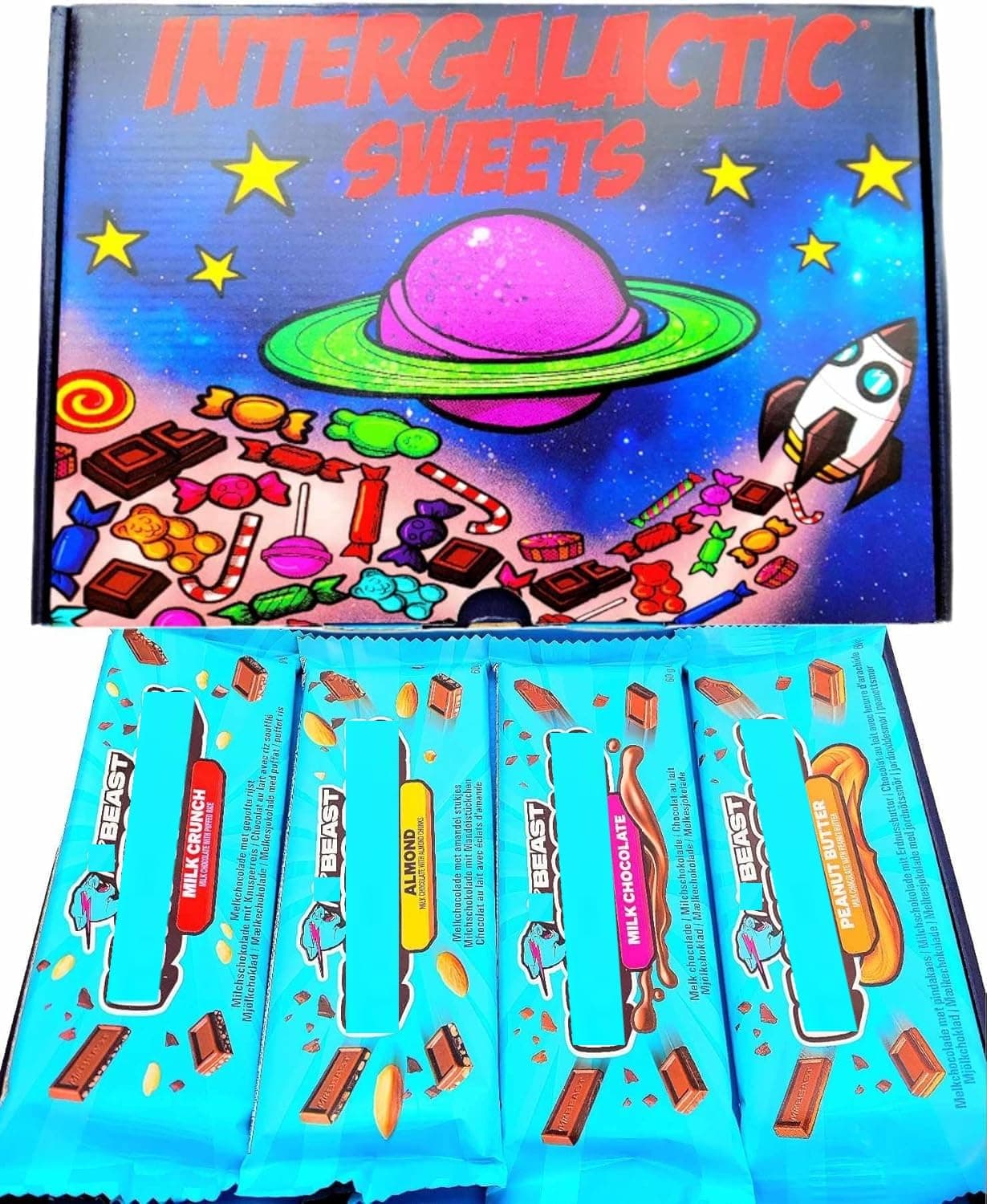 – Beast Chocolate Bar Hamper Gift Box | Peanut Butter, Milk Chocolate, Almond, Crunch | BY INTERGALACTIC SWEETS