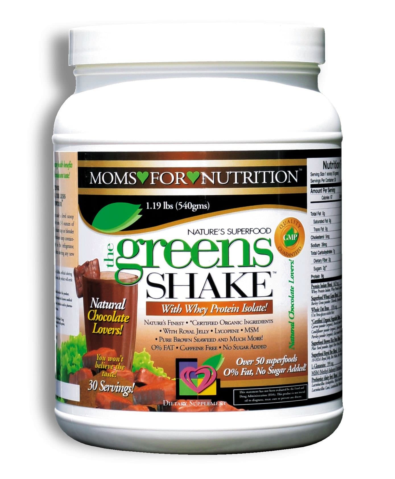 Greens Shake Protein Powder by Moms for Nutrition, Low Calorie Fat Free Protein Isolate Blend, Over 50 Superfoods, Digestive Enzymes, Natural Chocolate Flavor, 30 Servings, 1.19 Pounds