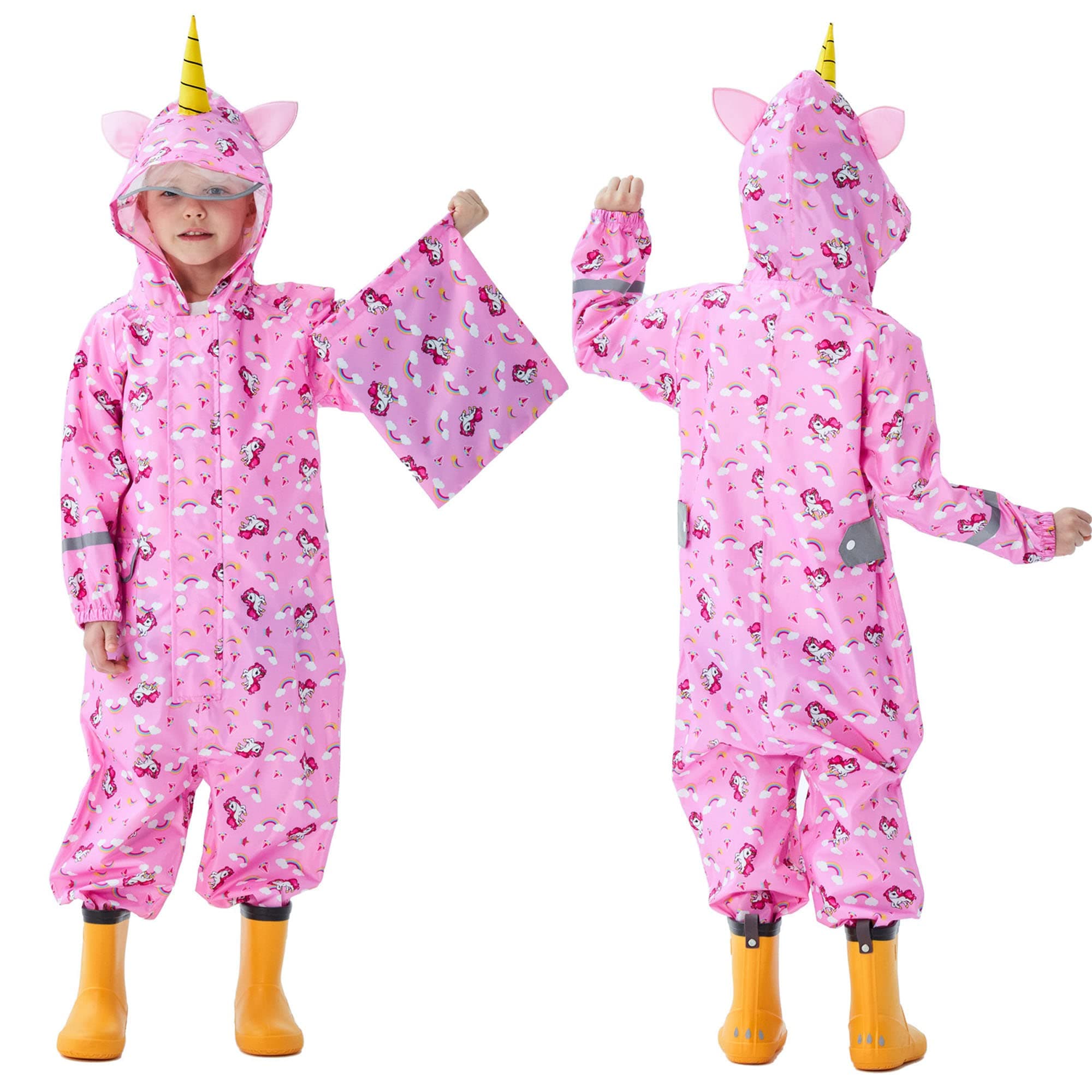 FewlbyKids Toddler Rain Suit for Boys Girls One Piece Hoodie Zipper Cartoon Waterproof Coverall Rain Jacket 1-10 Years