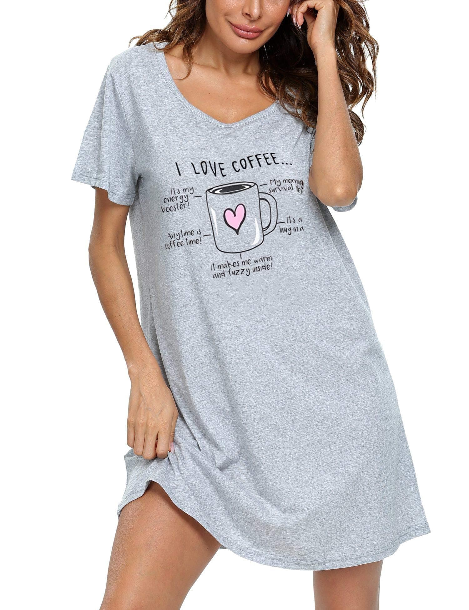 Womens Cotton Nightgown Short Sleeves Sleepshirt Print Nightshirt