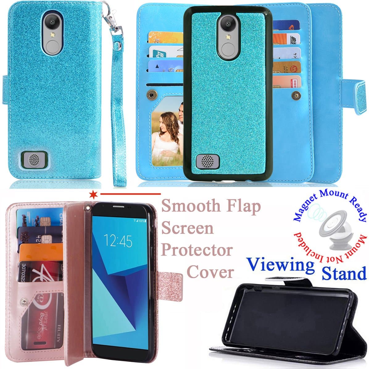 for 5" LG Rebel 3 ZONE 4 K8 2018 Case Phone Case Mag Mount Ready Glitter Tortilla Wallet Detachable Bumper Screen Protector Flap Purse Cover (Teal)