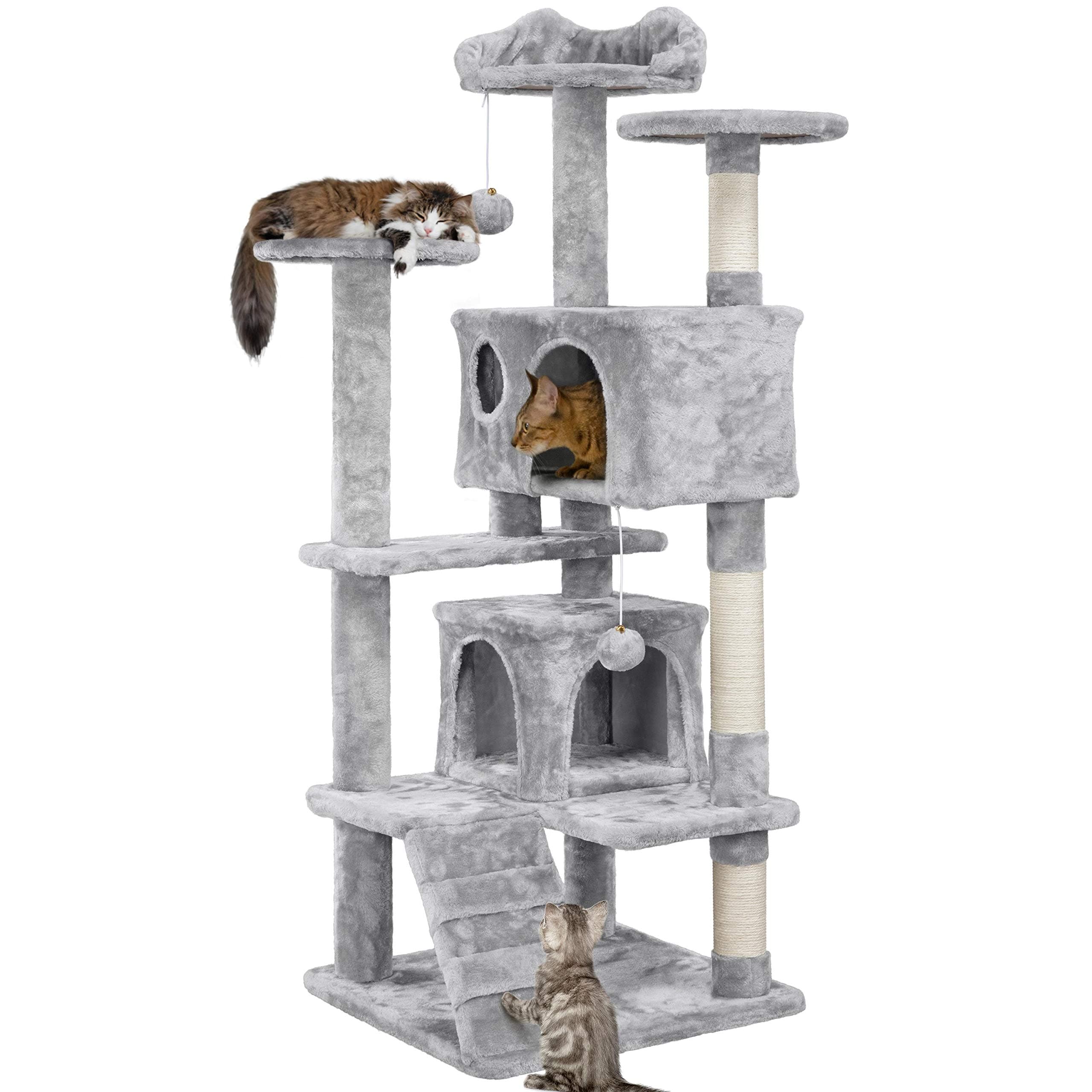 Yaheetech 138.5cm Cat Tree with Scratching Posts, Cat Climbing Tower w/Condo & Ladder for Indoor Cats, Light Grey