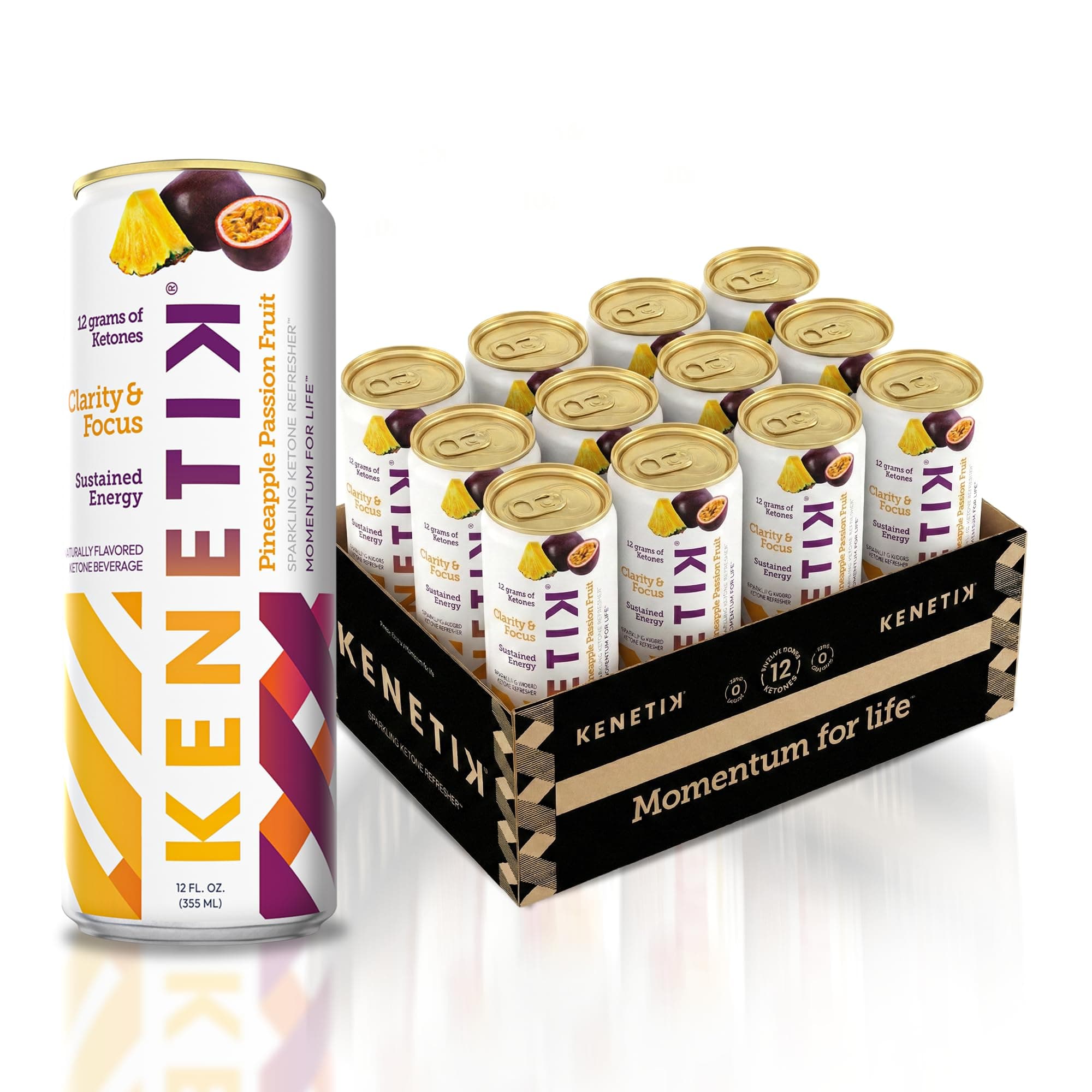 KENETIK Caffeine-Free Focus Drink – Brain Fuel for Mental Clarity and Cognitive Endurance, Sugar-Free, Bioidentical Ketones (D-BHB), 12oz – 12 Pack, Pineapple Passionfruit