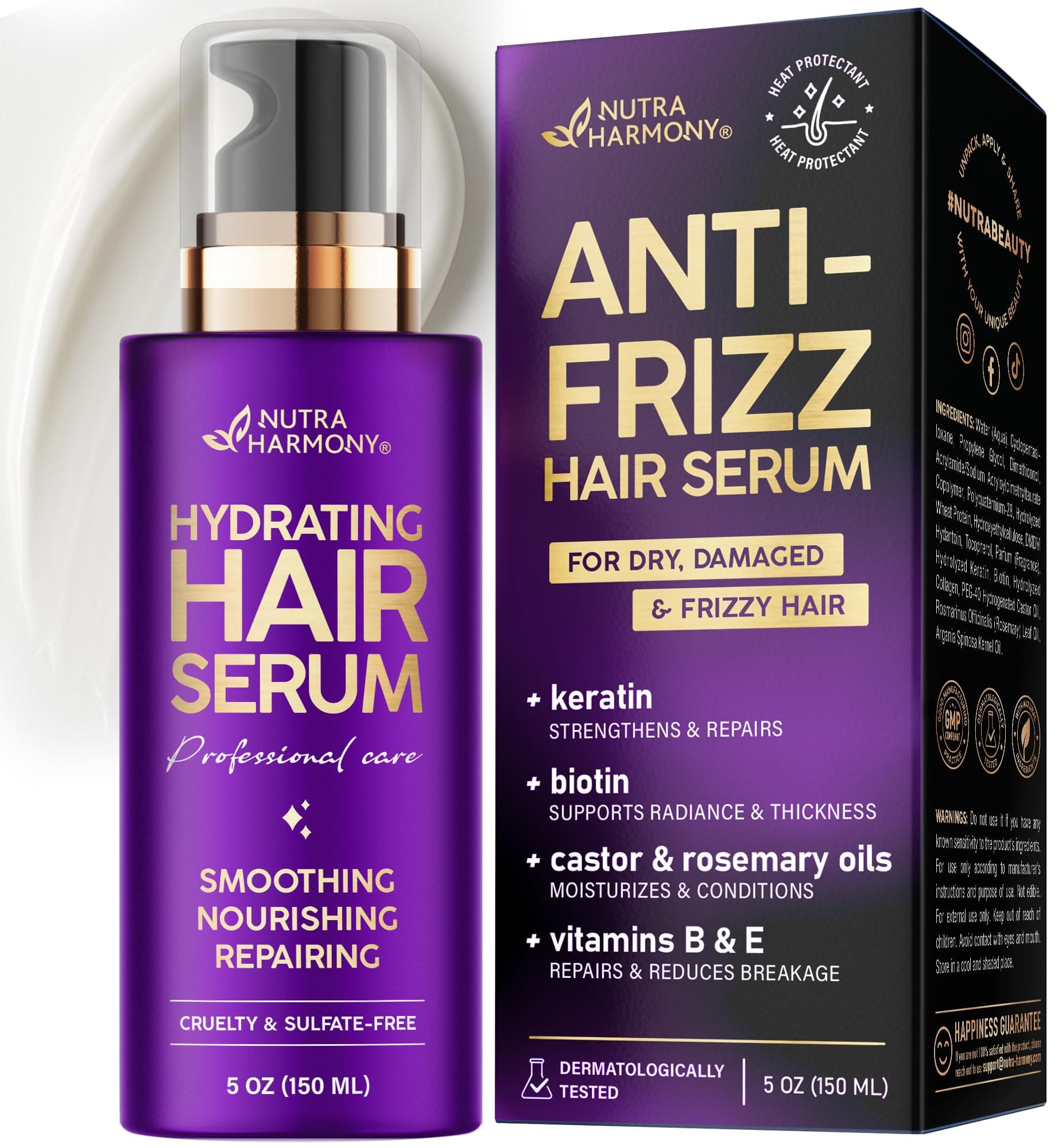 Hydrating Hair Serum for Dry & Frizzy Hair, Lightweight Leave-In Anti-Frizz Treatment, Non-Greasy Split Ends Repair with Keratin, Biotin, Castor & Rosemary Oils, Smooth Shine & Heat Protection, 5 oz