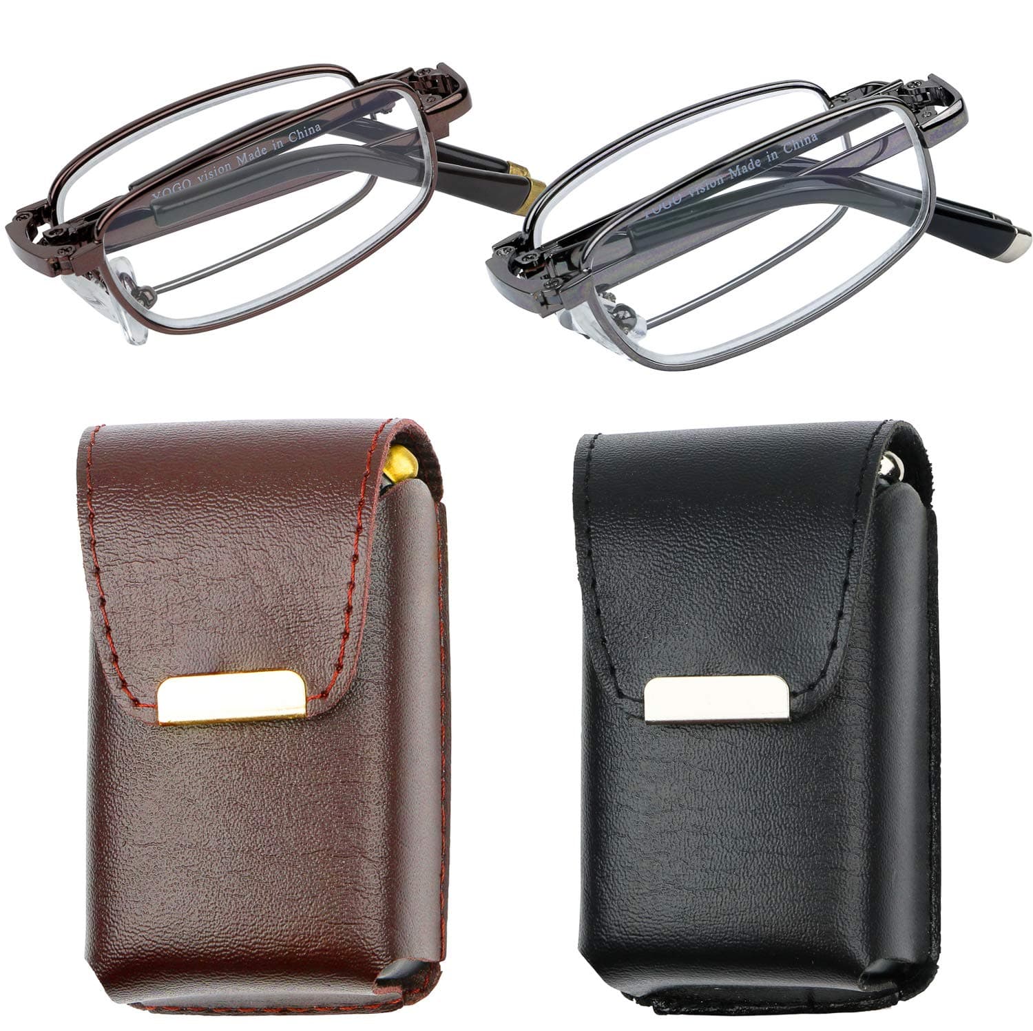 Success Eyewear Reading Glasses Set Of 2 Fashion Folding Readers With Leather Cases Brown And Gunmetal Glasses For Reading For Men And Women Set Of Gunmetal And Brown 2.75