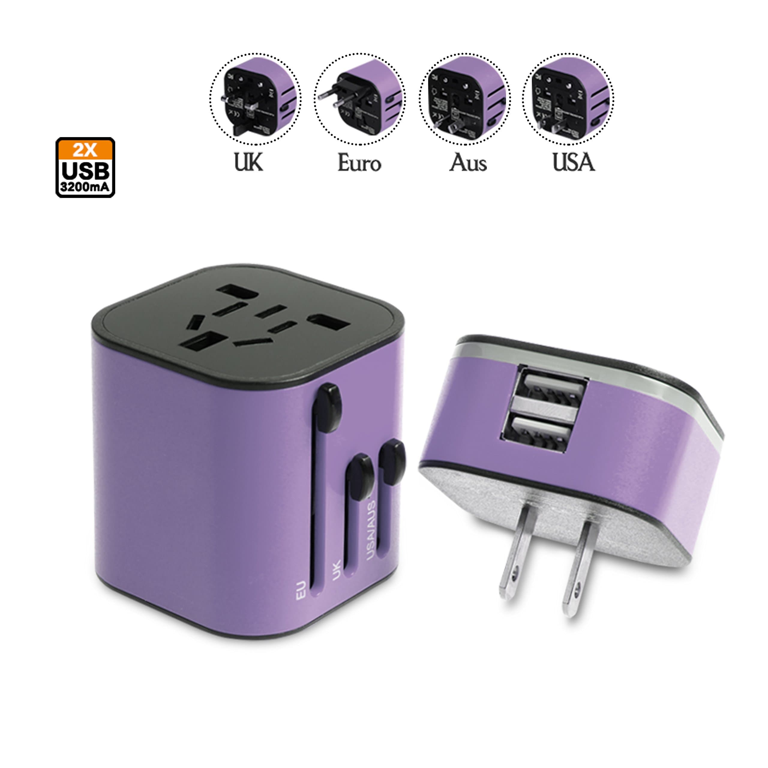 World Travel Adapter USB Charger All in One Safety Universal Wall Plug Dual 3.2A USB (US/UK/EU/AUS) Detachable Port for World Wide and Home Use from Depot Globe 100% GUARANTEE! (Purple)