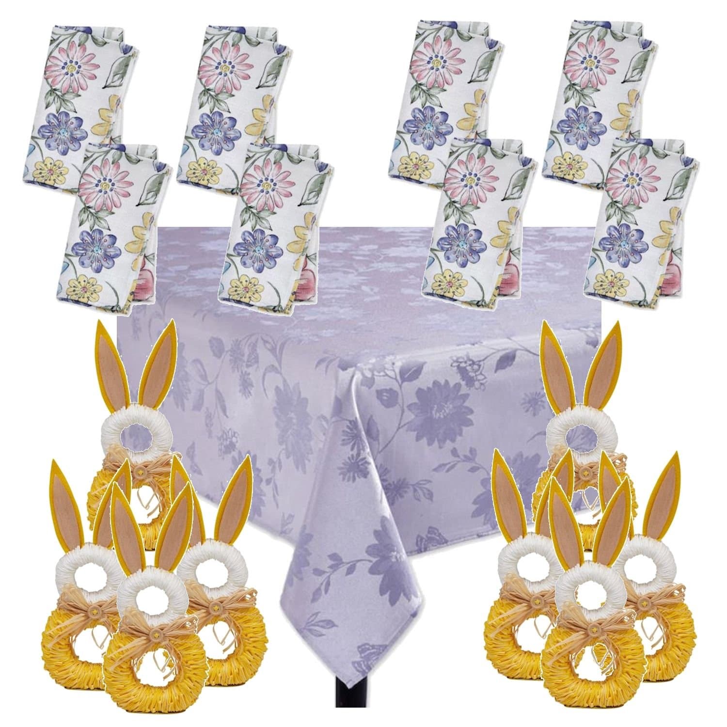 Emersoli Intl Spring Easter and Summer Lavender Purple Tablecloth 60" x 84", 8 Matching Floral Napkins, and 8 Bunny Napkin Rings Bundle 17 Piece Set