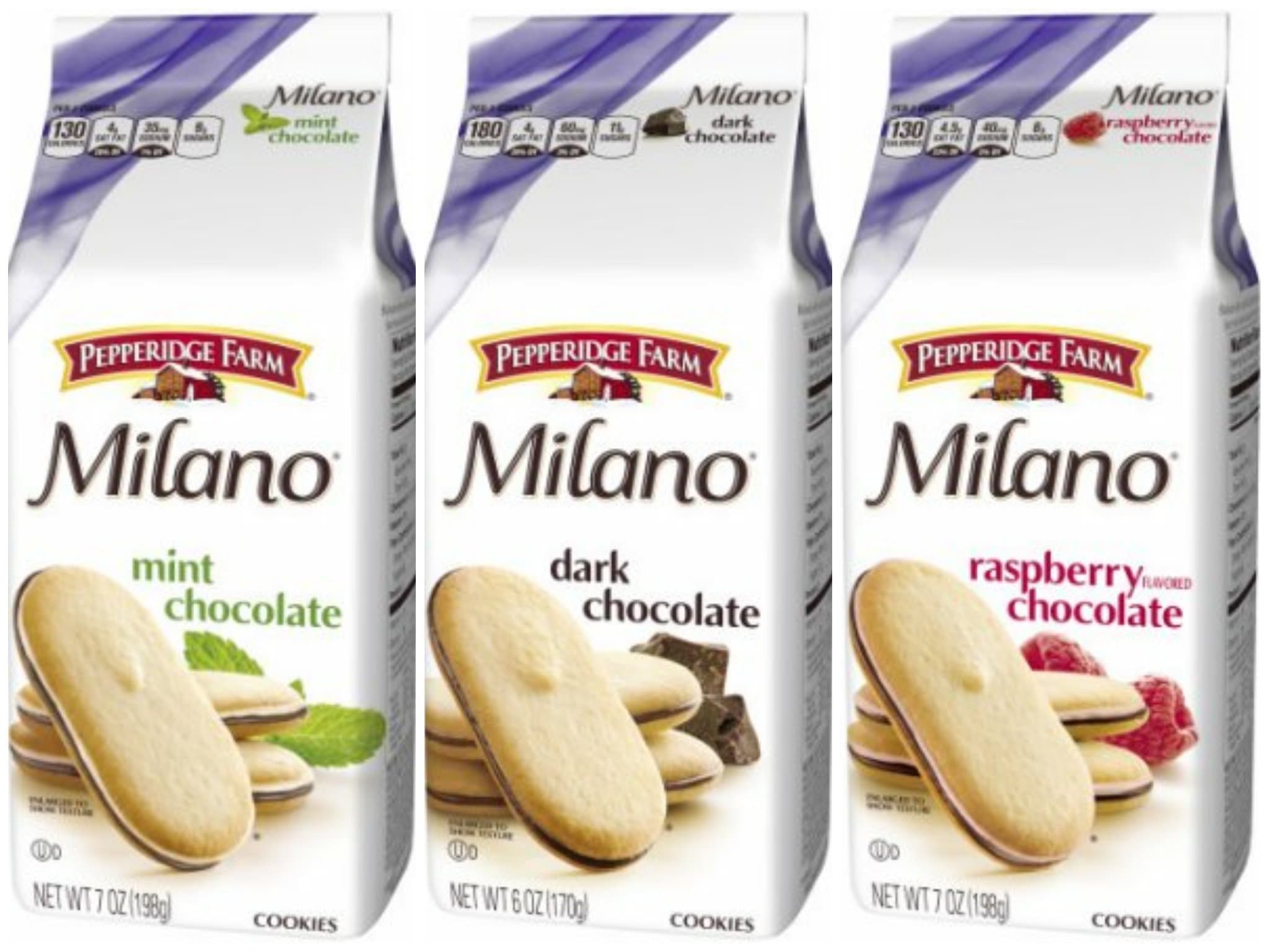 Pepperidge Farm Milano Dark Chocolate, 6 oz., Mint Chocolate, 7 oz, & Raspberry Flavored Chocolate 7 Oz. Cookies